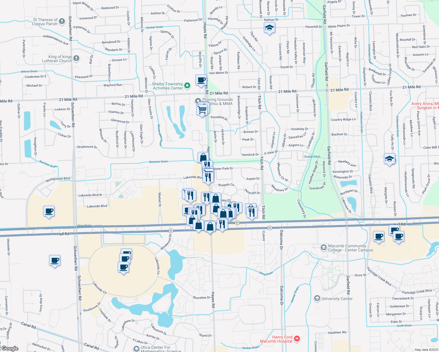 map of restaurants, bars, coffee shops, grocery stores, and more near 45784 Georgetown Drive in Macomb
