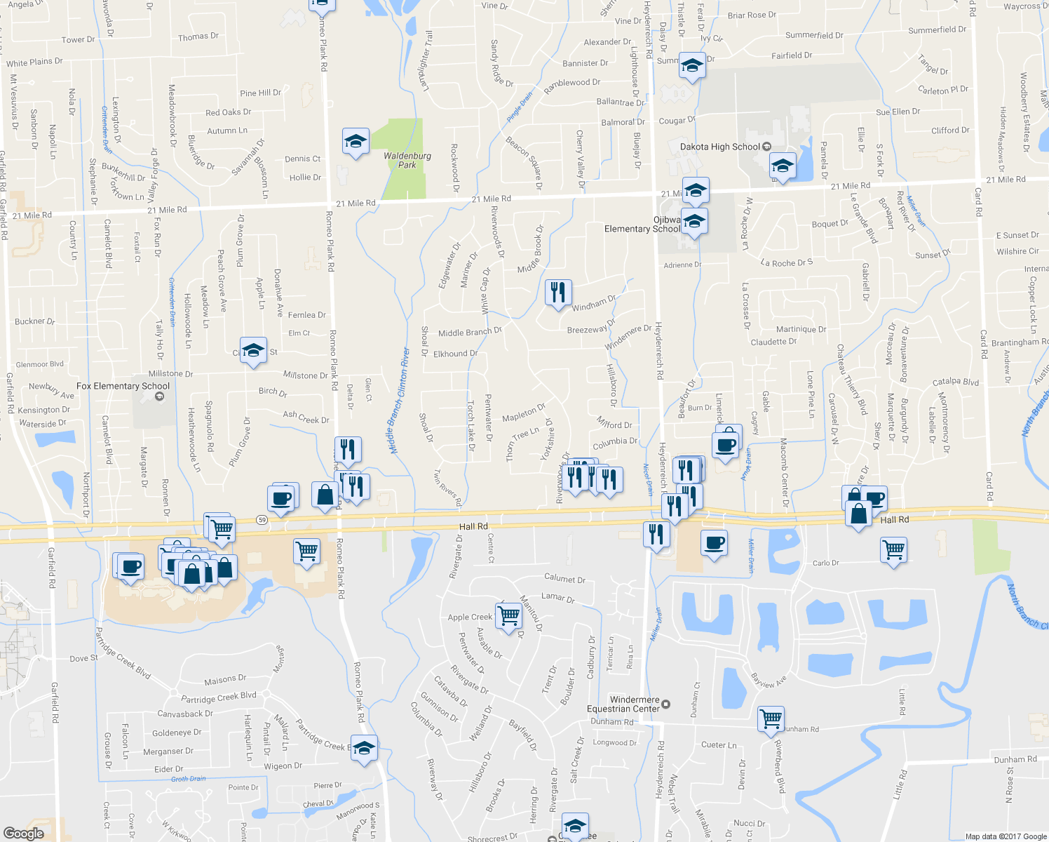 map of restaurants, bars, coffee shops, grocery stores, and more near 19840 Mapleton Drive in Macomb