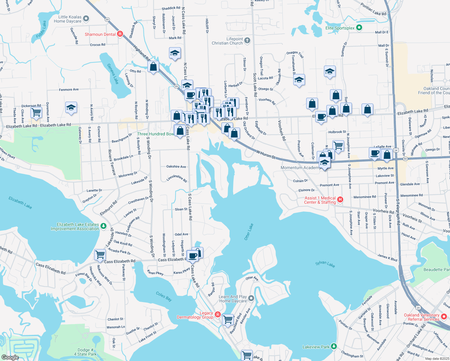 map of restaurants, bars, coffee shops, grocery stores, and more near 449 Beverly Island Drive in Waterford Township