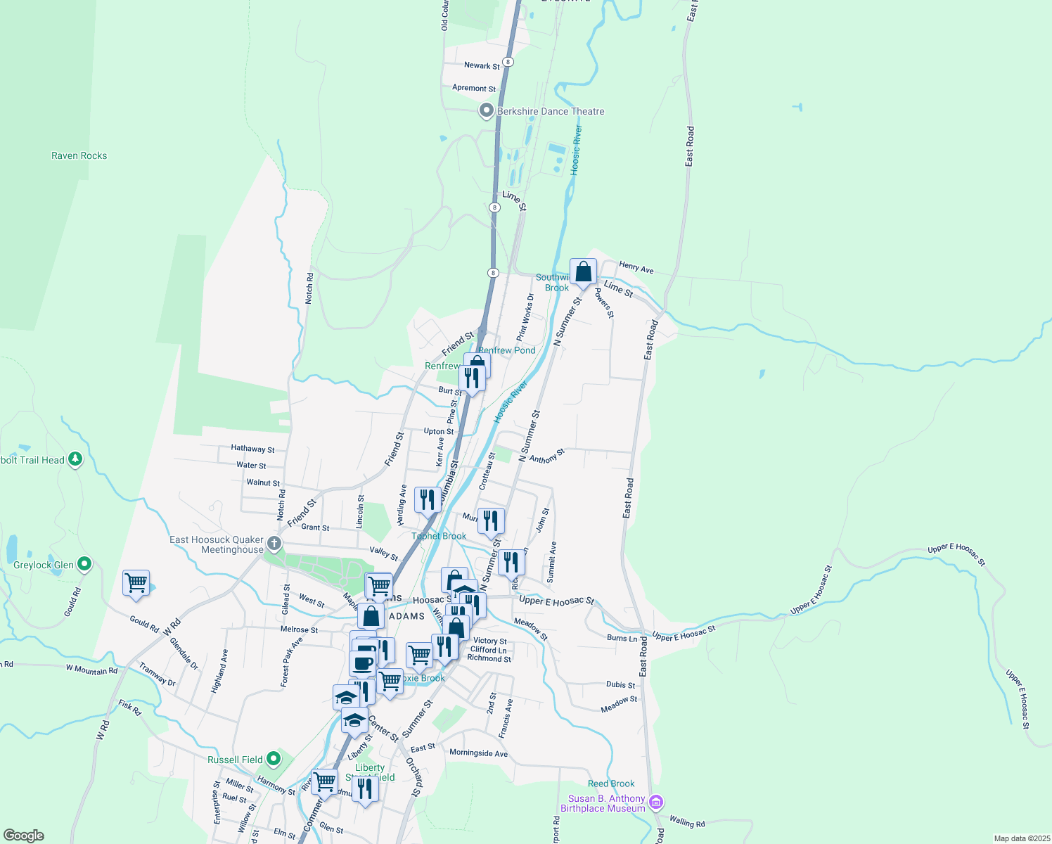 map of restaurants, bars, coffee shops, grocery stores, and more near 104 North Summer Street in Adams