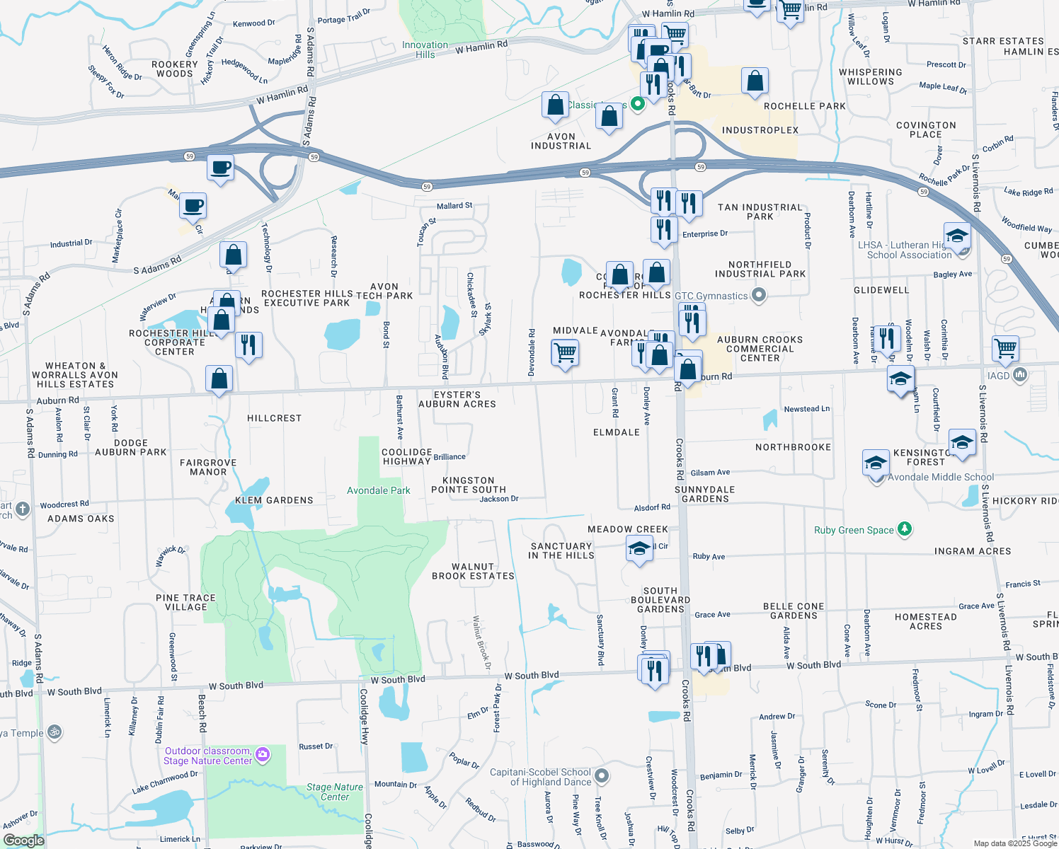 map of restaurants, bars, coffee shops, grocery stores, and more near 3112 Devondale Rd in Rochester Hills