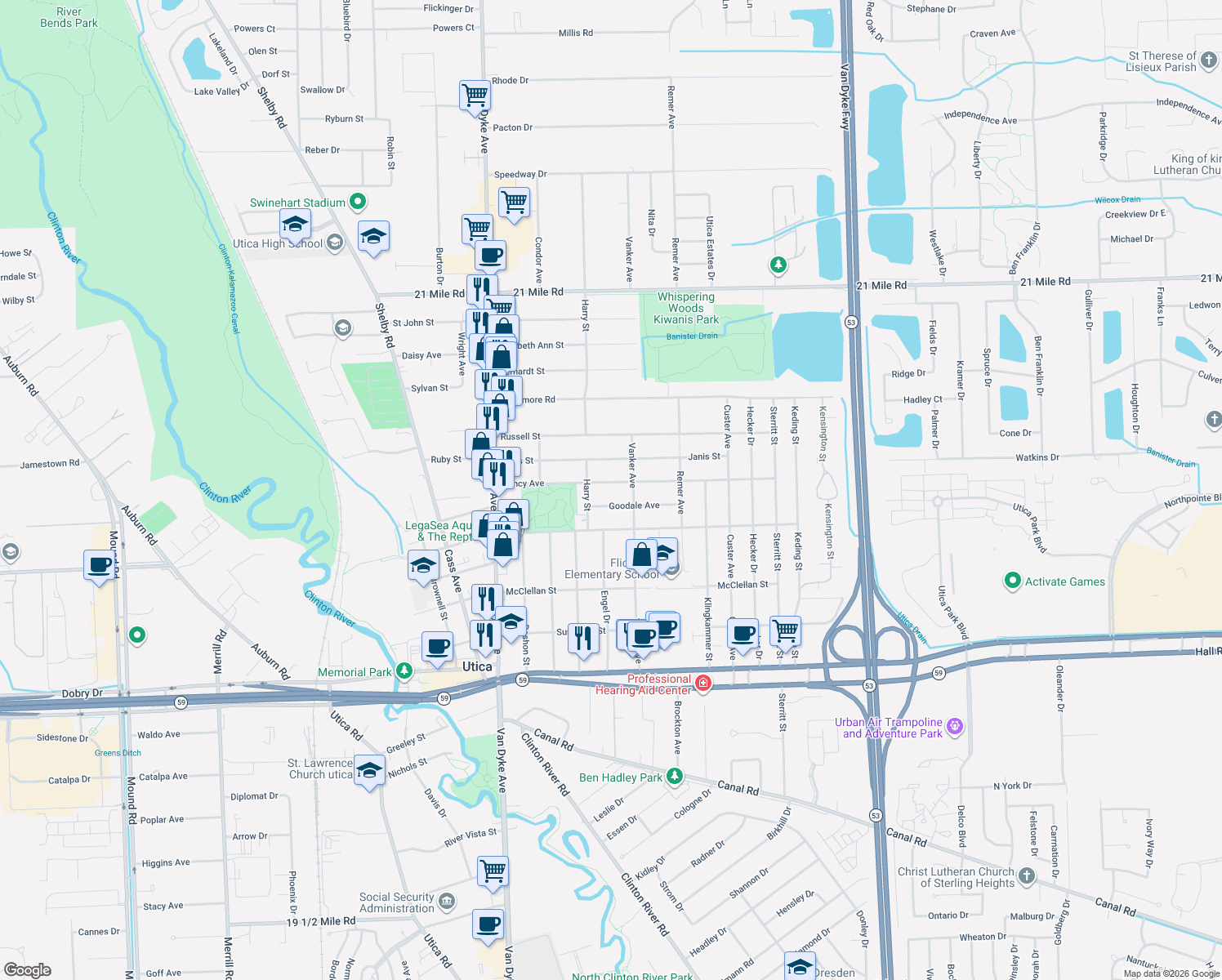 map of restaurants, bars, coffee shops, grocery stores, and more near 8570 Nancy Ave in Utica