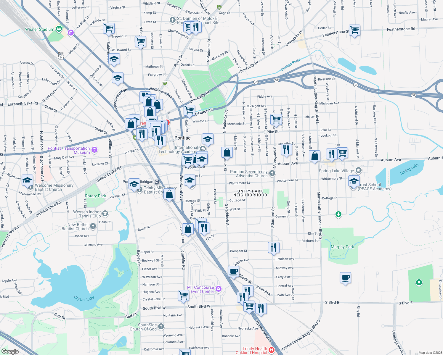 map of restaurants, bars, coffee shops, grocery stores, and more near 206 E Judson St in Pontiac