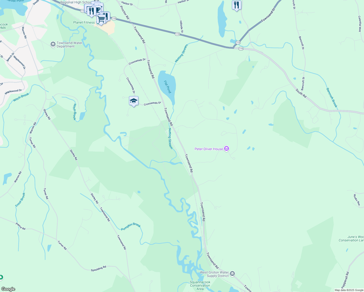 map of restaurants, bars, coffee shops, grocery stores, and more near 640 Townsend Road in Groton