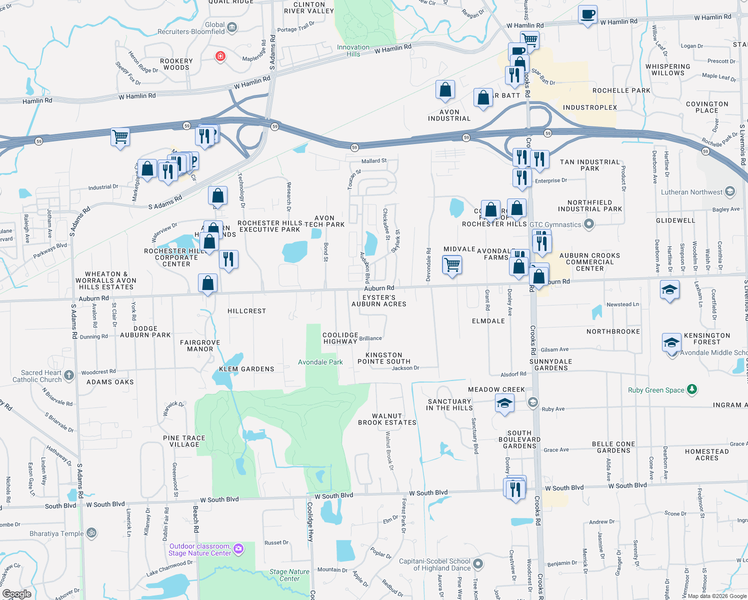 map of restaurants, bars, coffee shops, grocery stores, and more near 2593 W Auburn Rd in Rochester Hills
