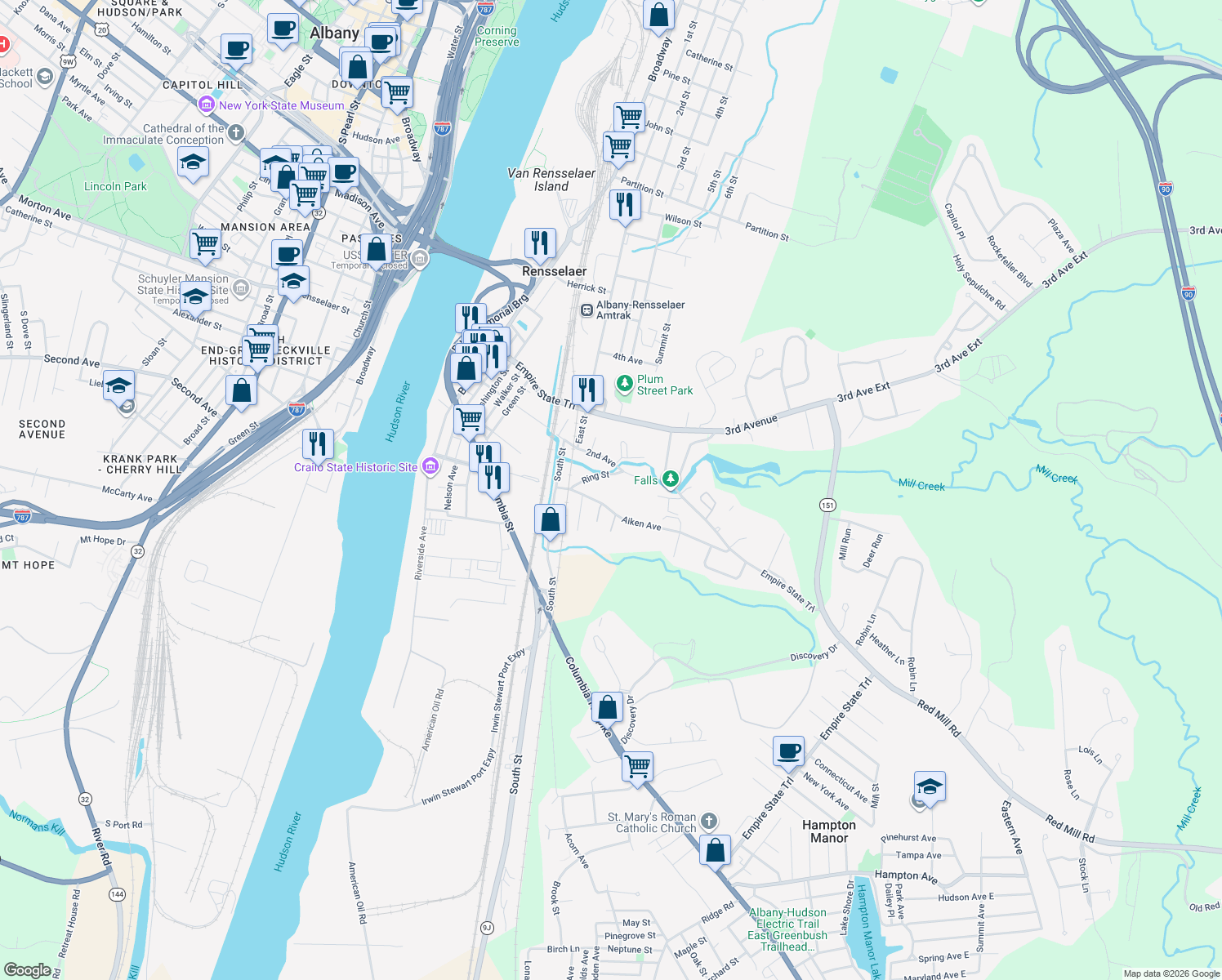 map of restaurants, bars, coffee shops, grocery stores, and more near 8 Ring Street in Rensselaer
