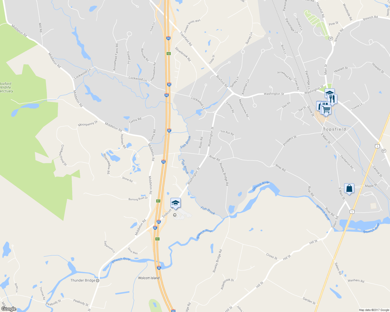 map of restaurants, bars, coffee shops, grocery stores, and more near 152 River Road in Topsfield