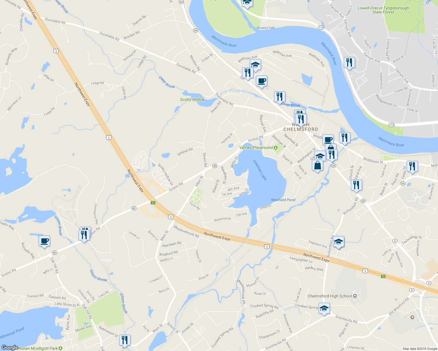 map of restaurants, bars, coffee shops, grocery stores, and more near 3 Kiberd Drive in Chelmsford