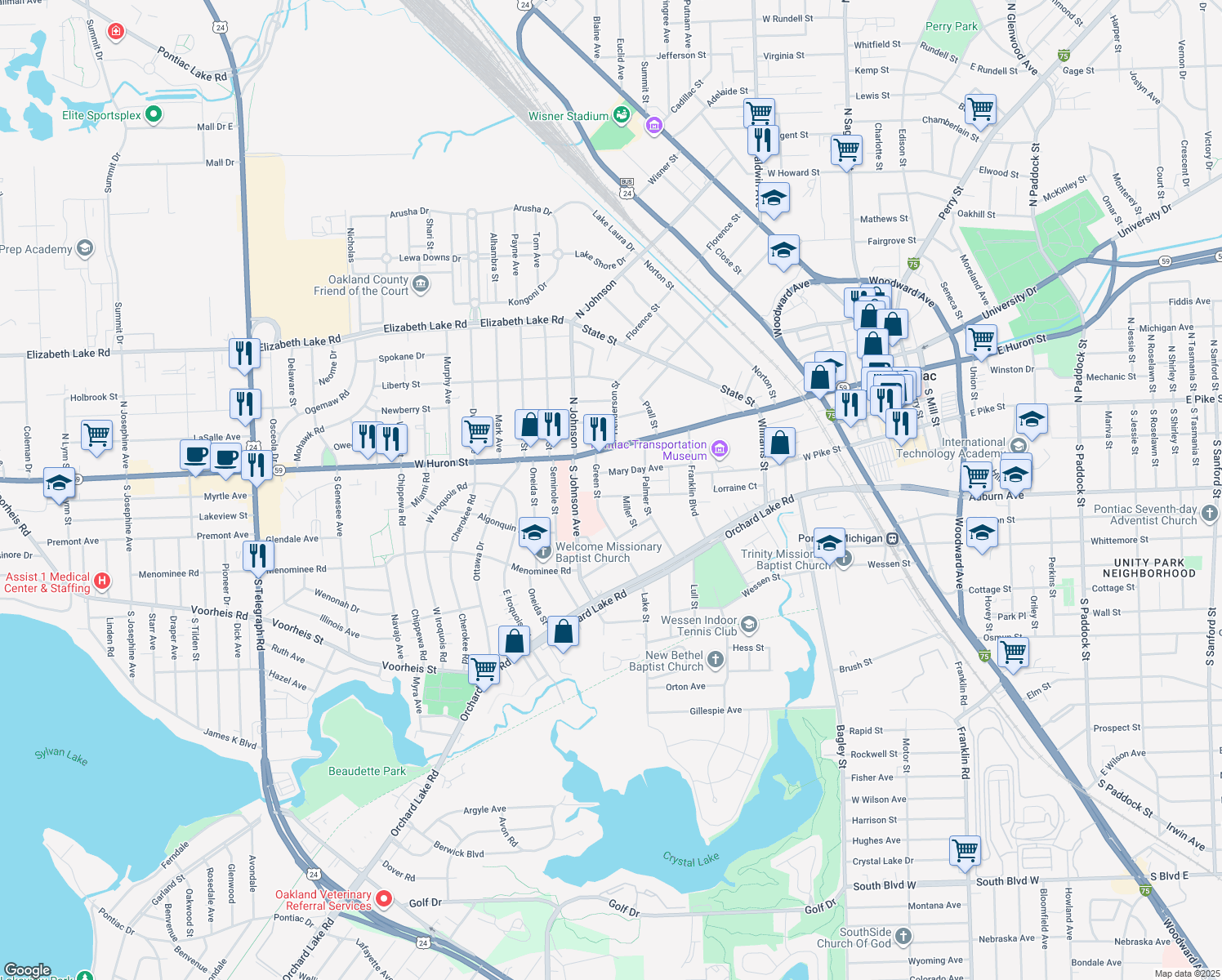 map of restaurants, bars, coffee shops, grocery stores, and more near 114 Henry Clay Ave in Pontiac