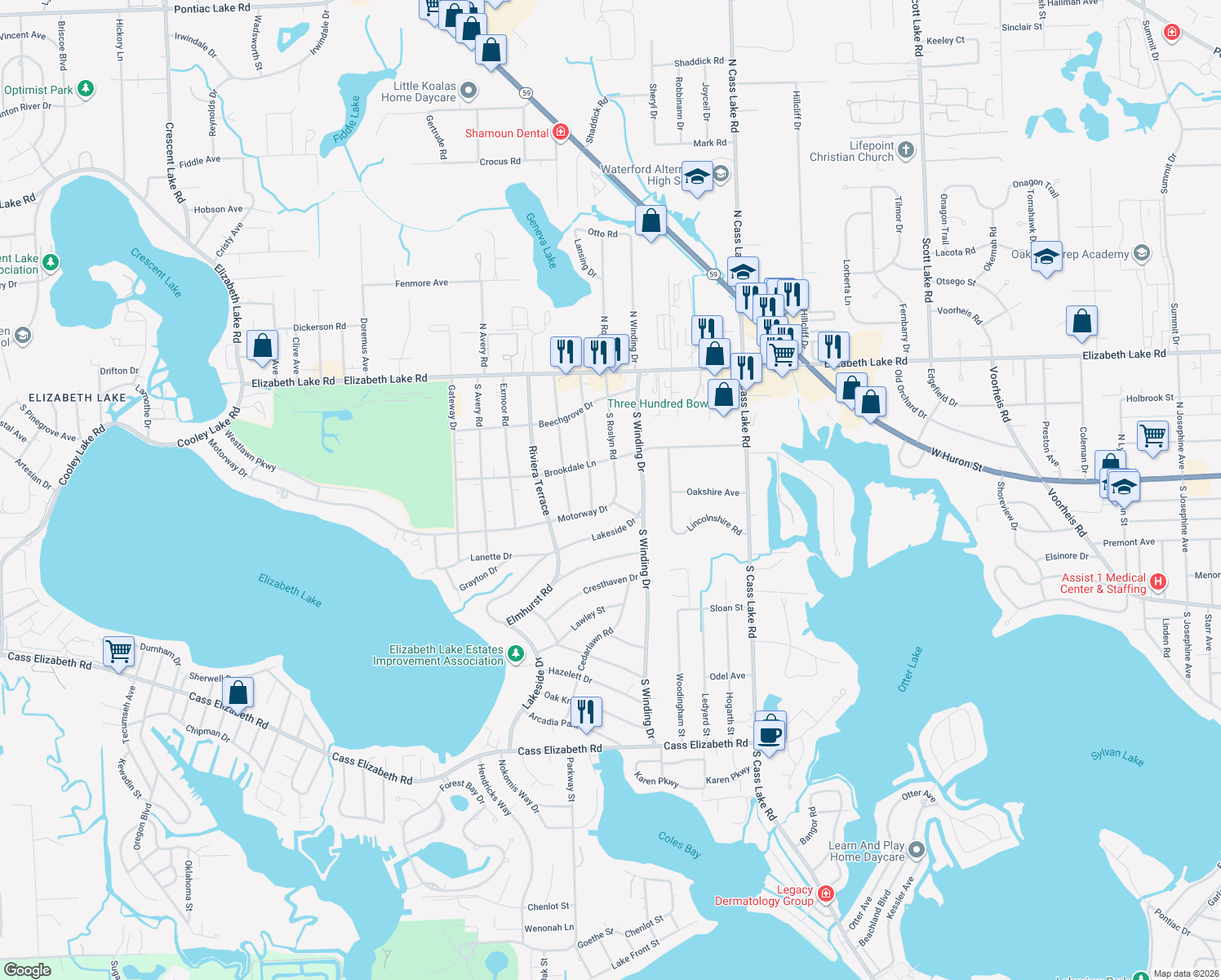 map of restaurants, bars, coffee shops, grocery stores, and more near 366 South Roslyn Road in Waterford charter Township