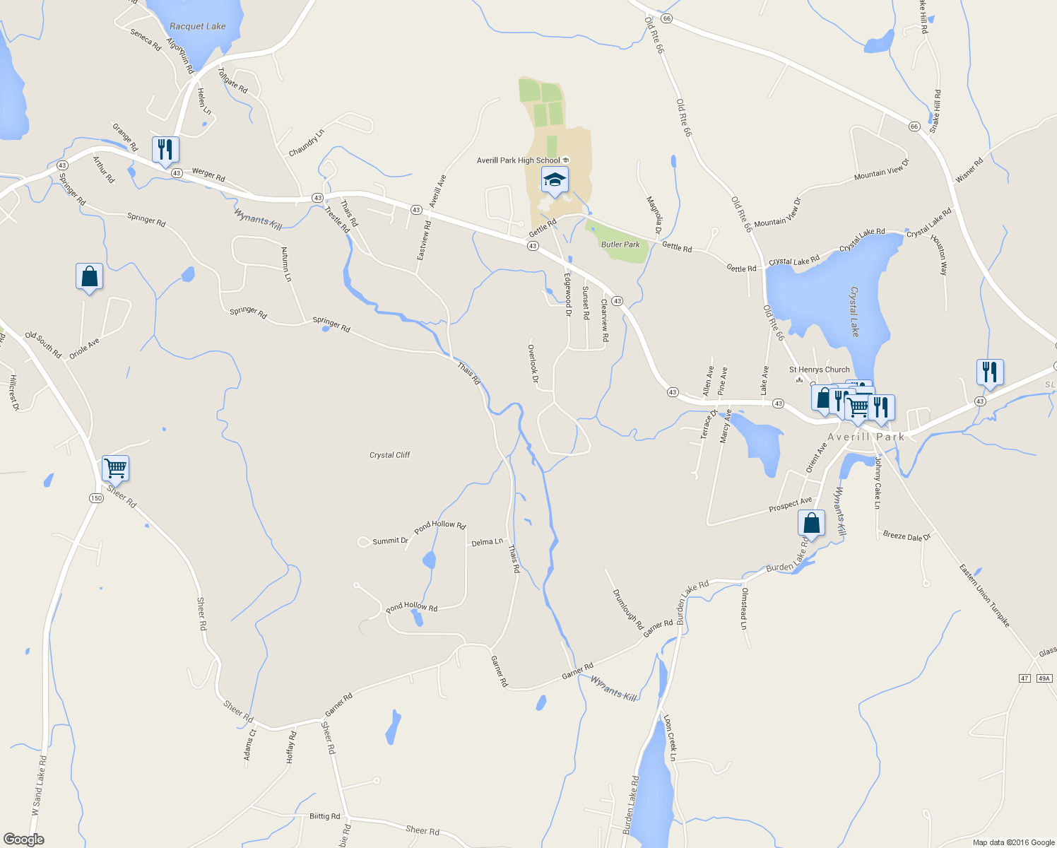 map of restaurants, bars, coffee shops, grocery stores, and more near 189 Edgewood Drive in Averill Park