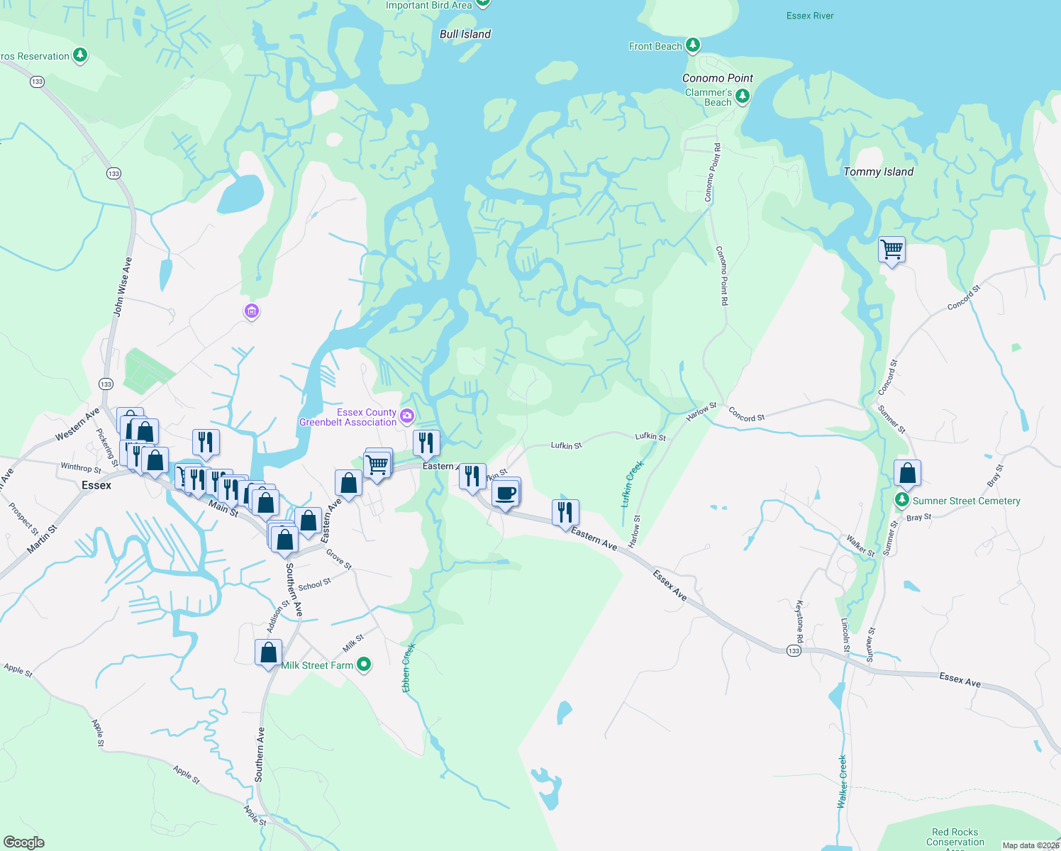 map of restaurants, bars, coffee shops, grocery stores, and more near 51 LeBaron Road in Essex