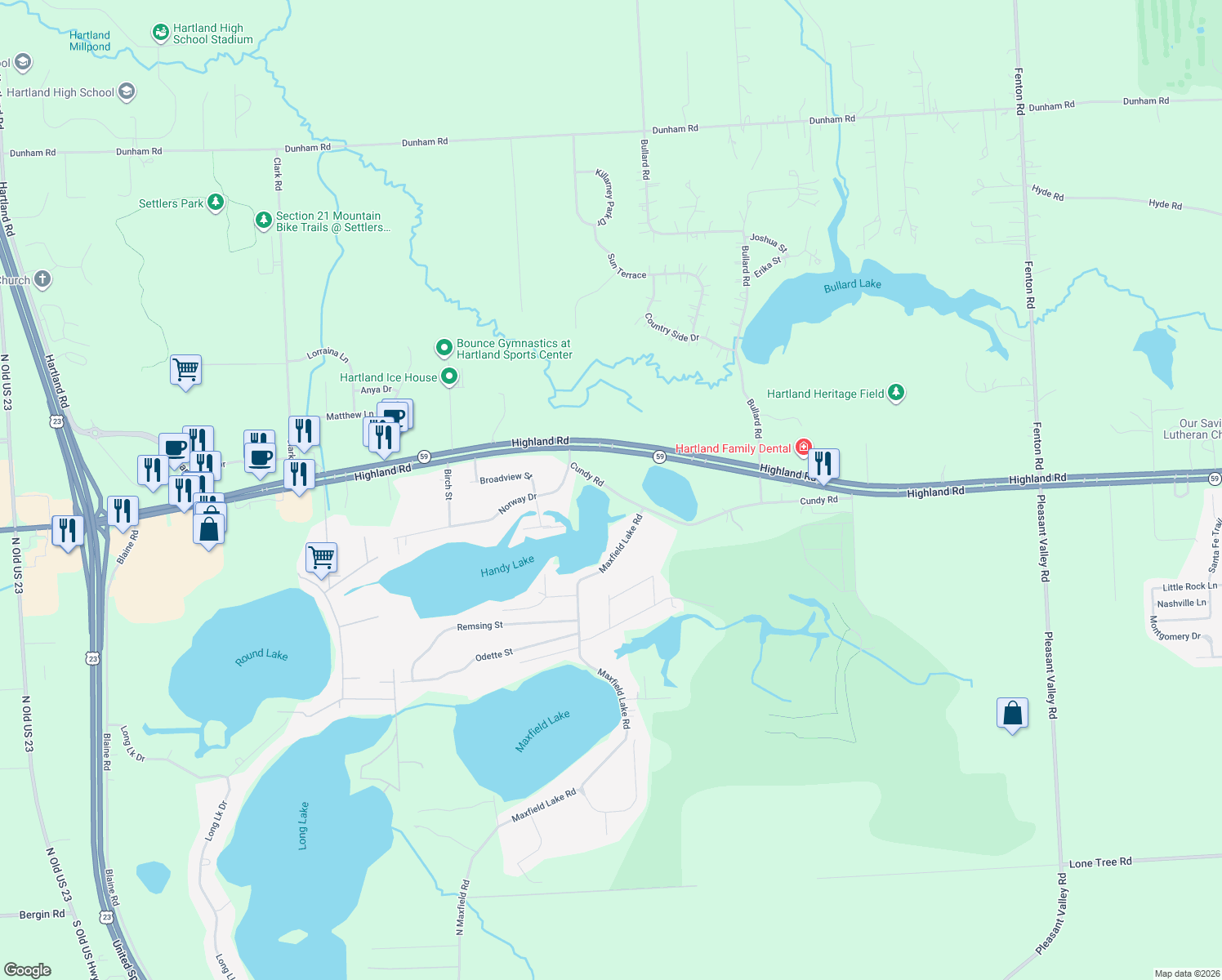 map of restaurants, bars, coffee shops, grocery stores, and more near 11730 Cundy Road in Hartland