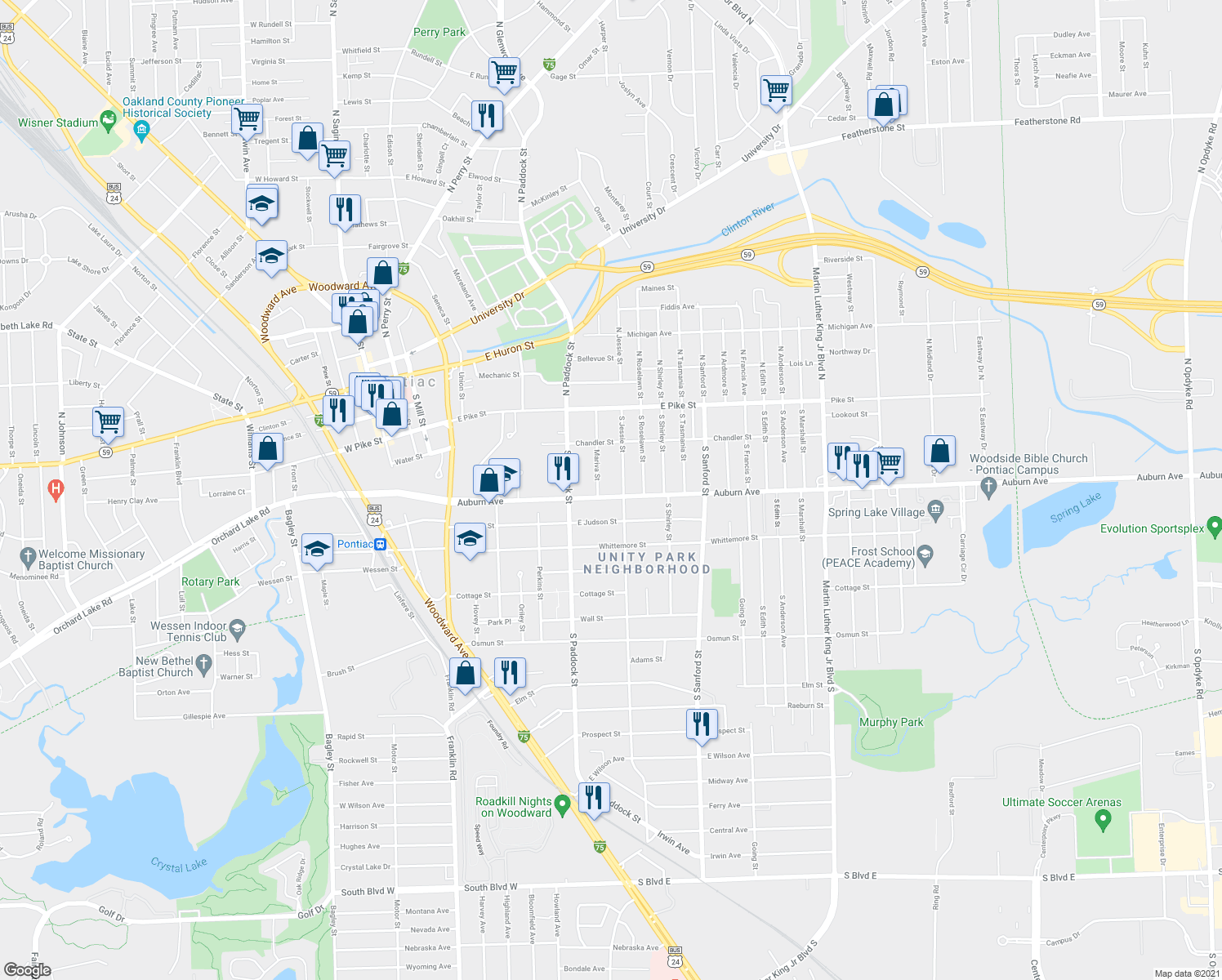 map of restaurants, bars, coffee shops, grocery stores, and more near 289 Auburn Avenue in Pontiac