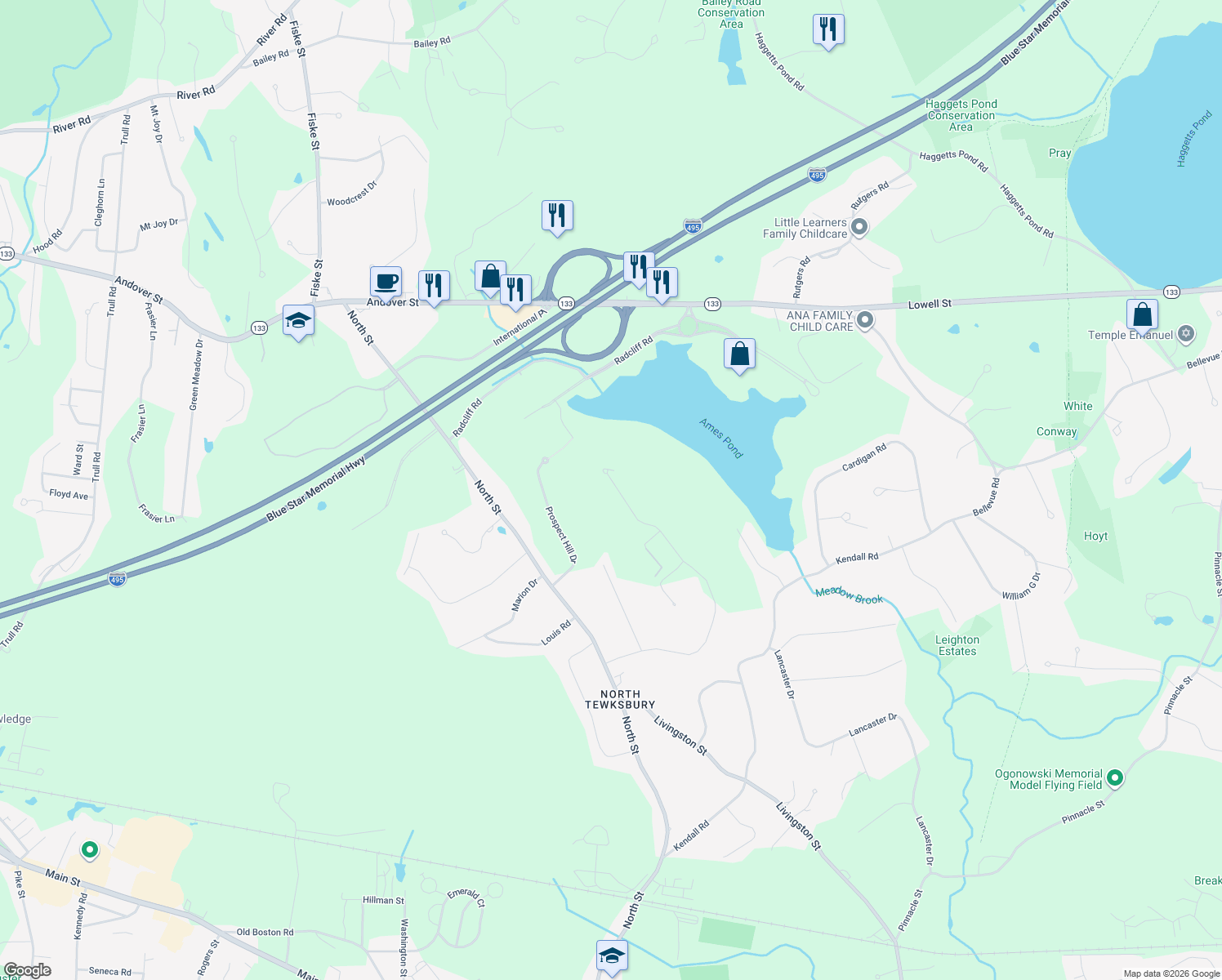 map of restaurants, bars, coffee shops, grocery stores, and more near 248 Catamount Road in Tewksbury