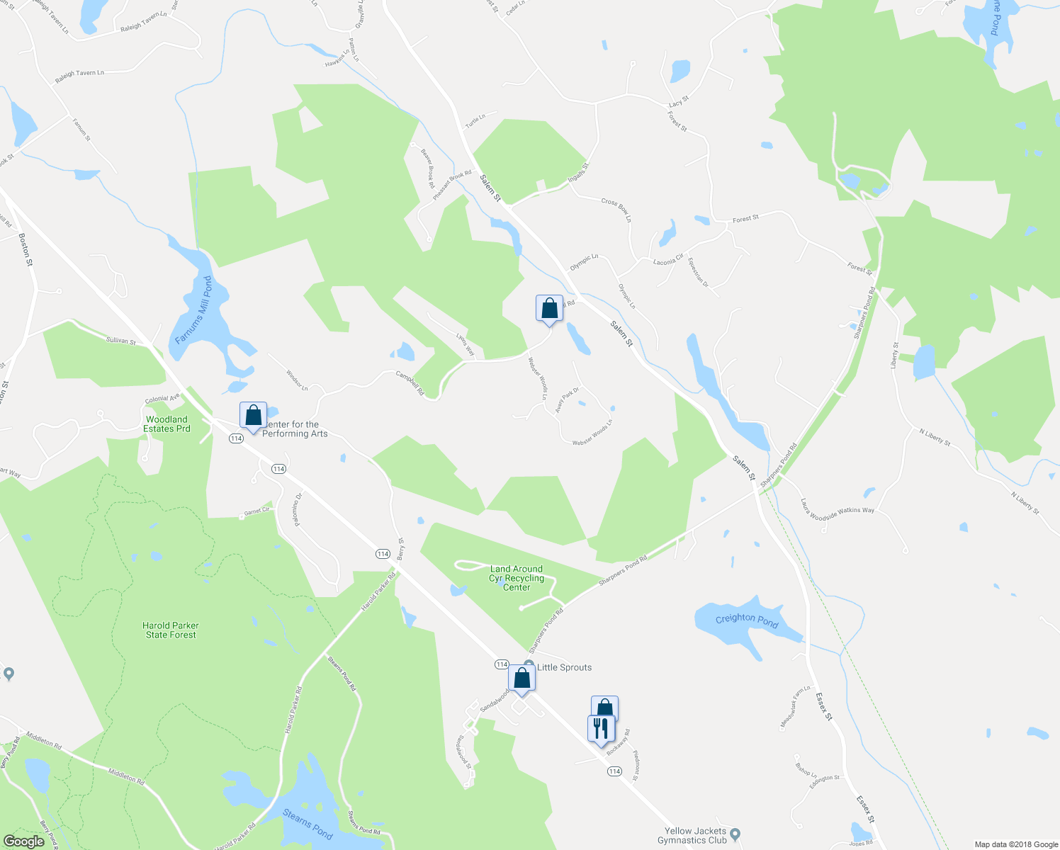 map of restaurants, bars, coffee shops, grocery stores, and more near 32 Stonewedge Circle in North Andover