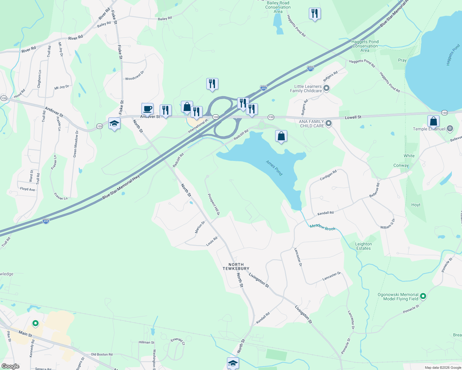 map of restaurants, bars, coffee shops, grocery stores, and more near 248 Catamount Road in Tewksbury