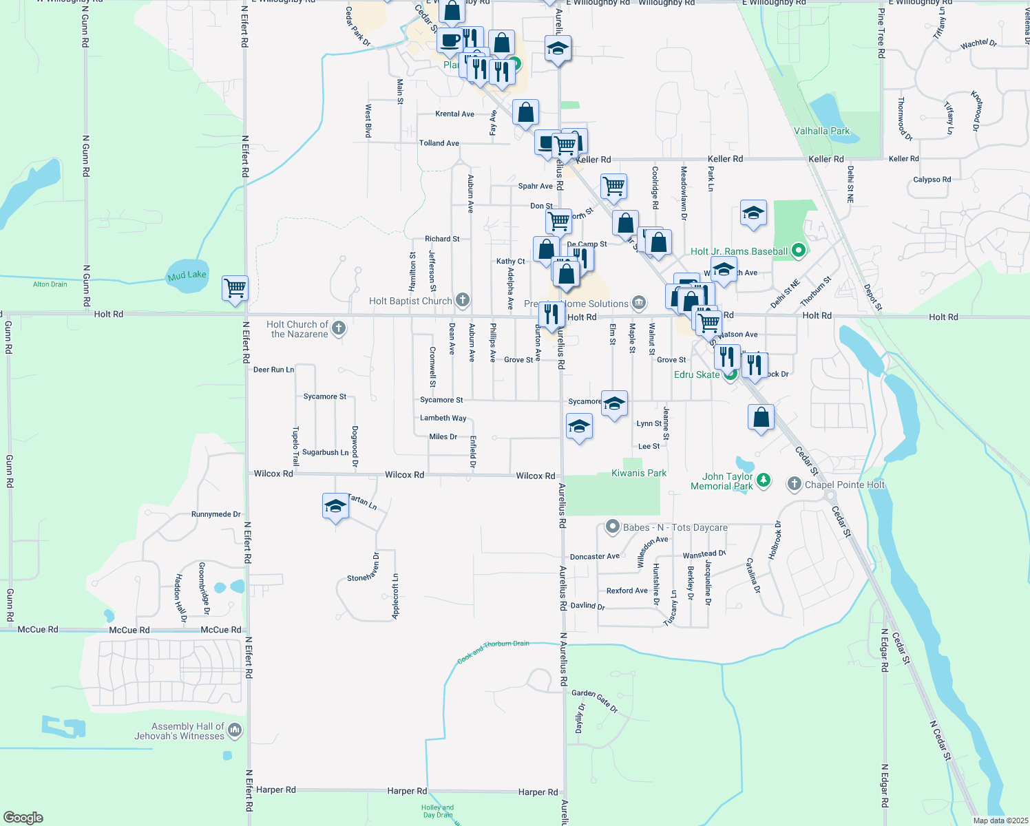 map of restaurants, bars, coffee shops, grocery stores, and more near 4575 Sycamore Street in Holt