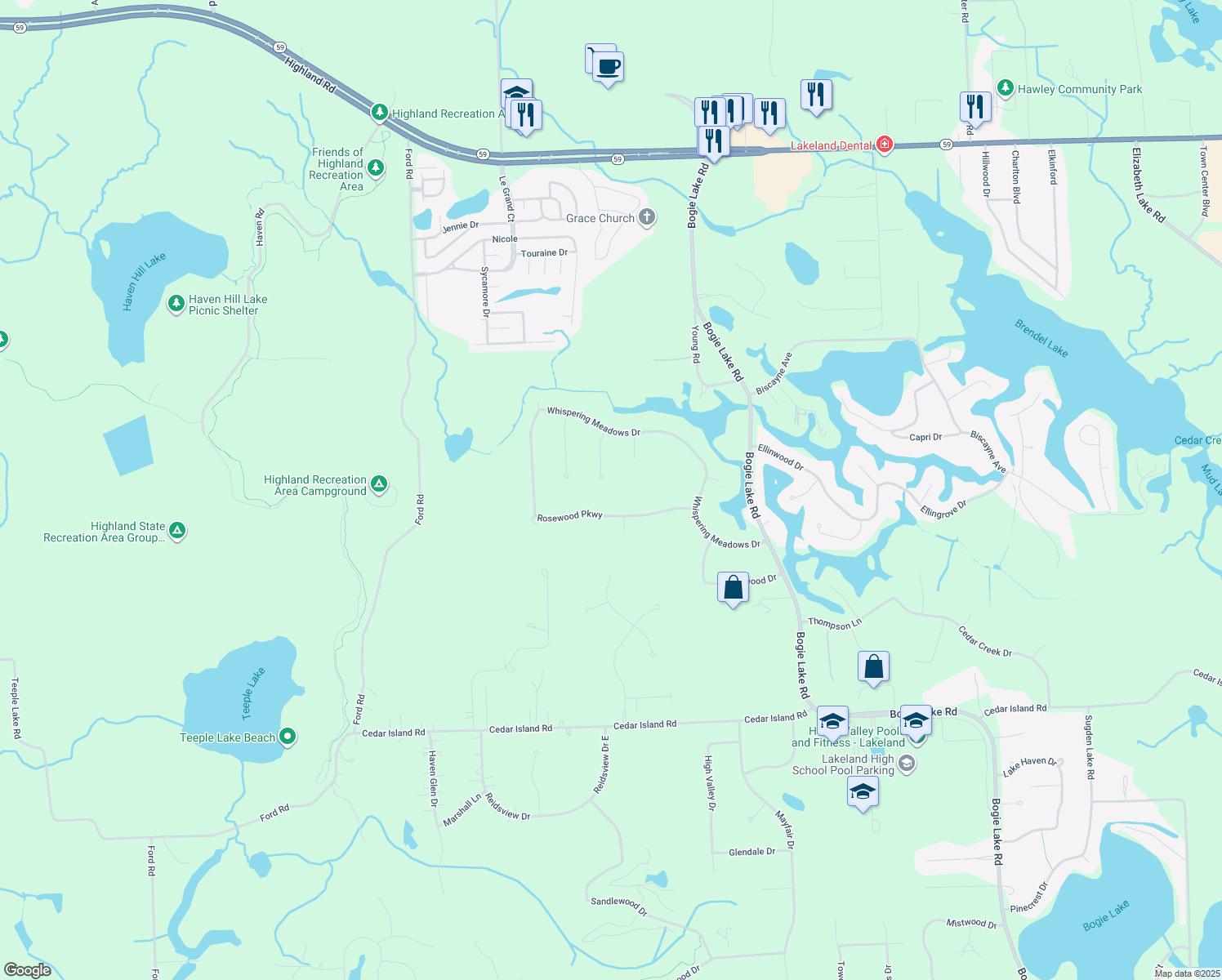 map of restaurants, bars, coffee shops, grocery stores, and more near 1040 Weber Court in White Lake charter Township
