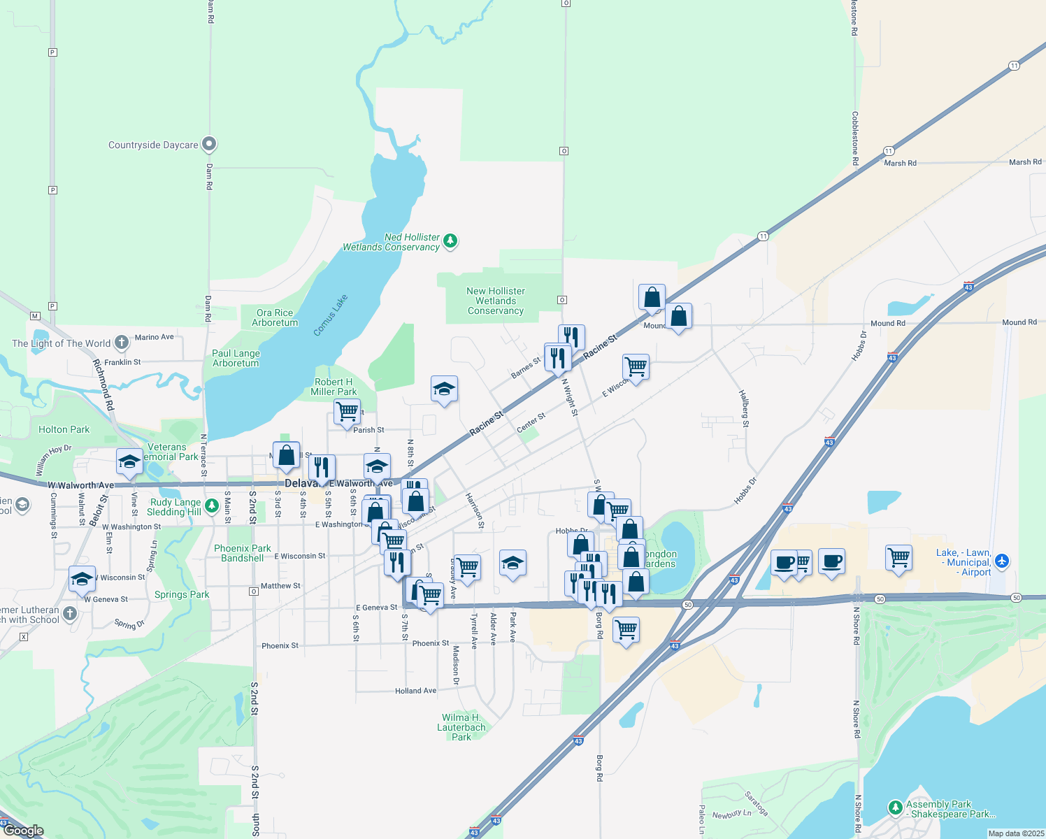 map of restaurants, bars, coffee shops, grocery stores, and more near 1121 Center Street in Delavan