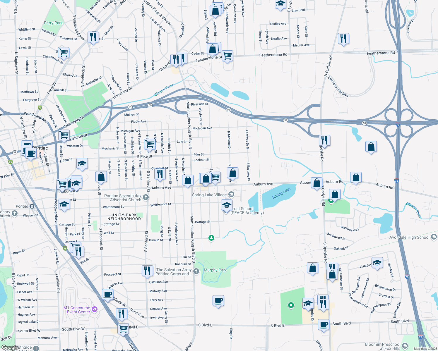 map of restaurants, bars, coffee shops, grocery stores, and more near 85 South Astor Street in Pontiac