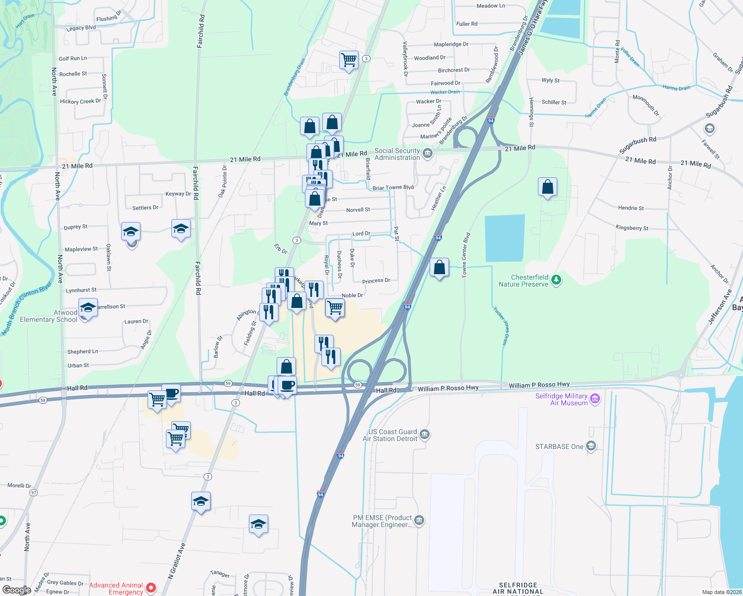 map of restaurants, bars, coffee shops, grocery stores, and more near 25642 Noble Drive in New Baltimore