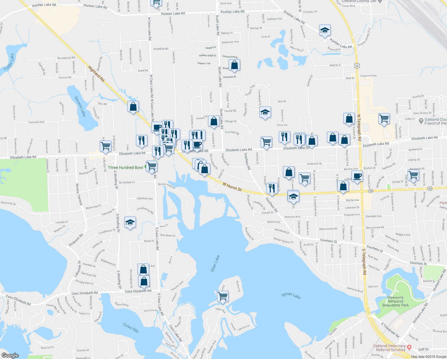 map of restaurants, bars, coffee shops, grocery stores, and more near 2988 West Huron Street in Waterford Township