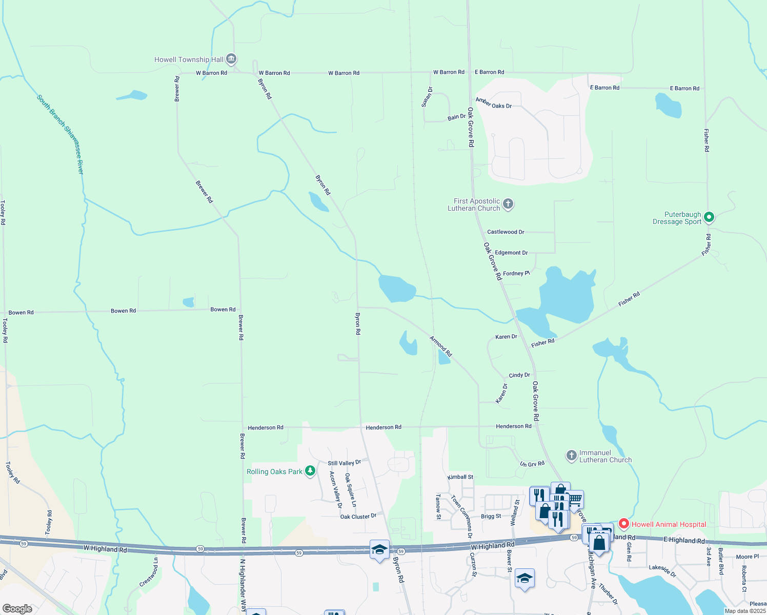 map of restaurants, bars, coffee shops, grocery stores, and more near 2710 Armond Road in Howell