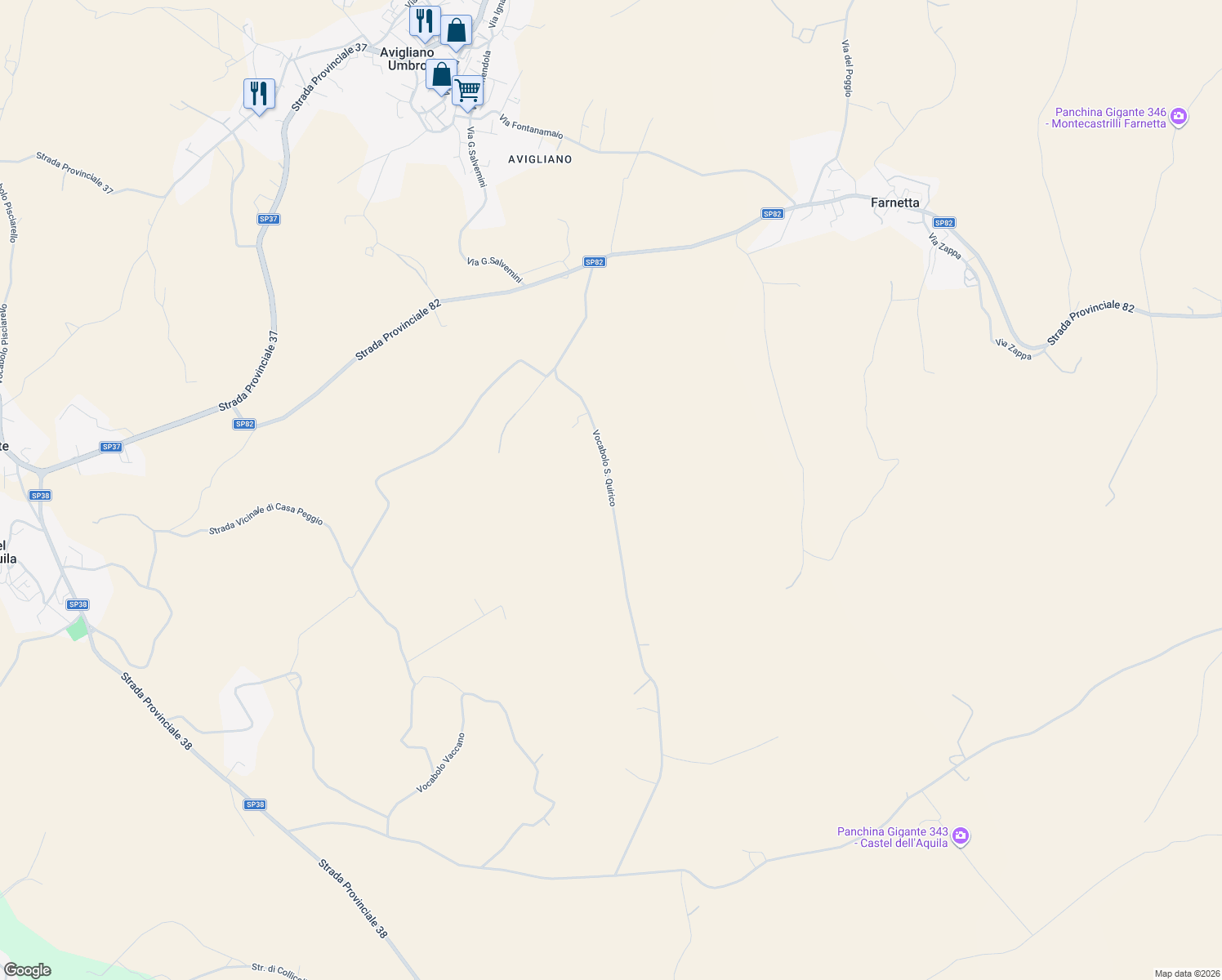 map of restaurants, bars, coffee shops, grocery stores, and more near 42 Vocabolo San Quirico in Provincia di Terni