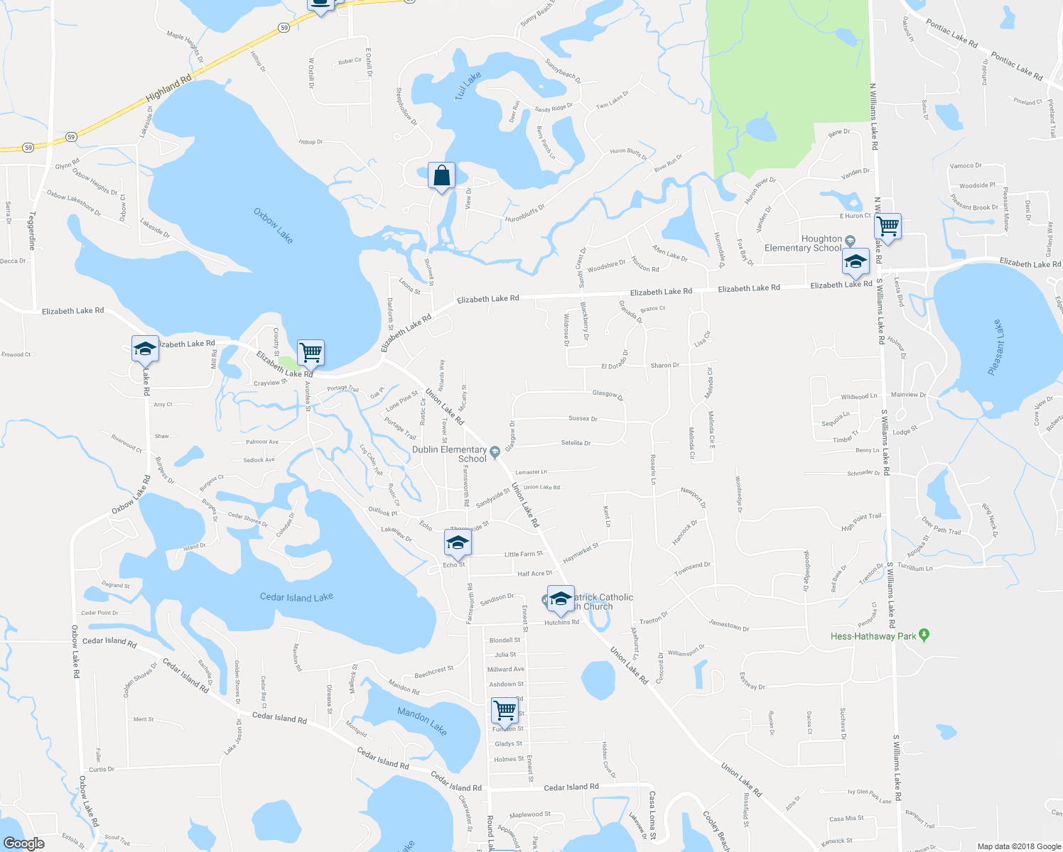 map of restaurants, bars, coffee shops, grocery stores, and more near 9101 Sussex Drive in White Lake charter Township