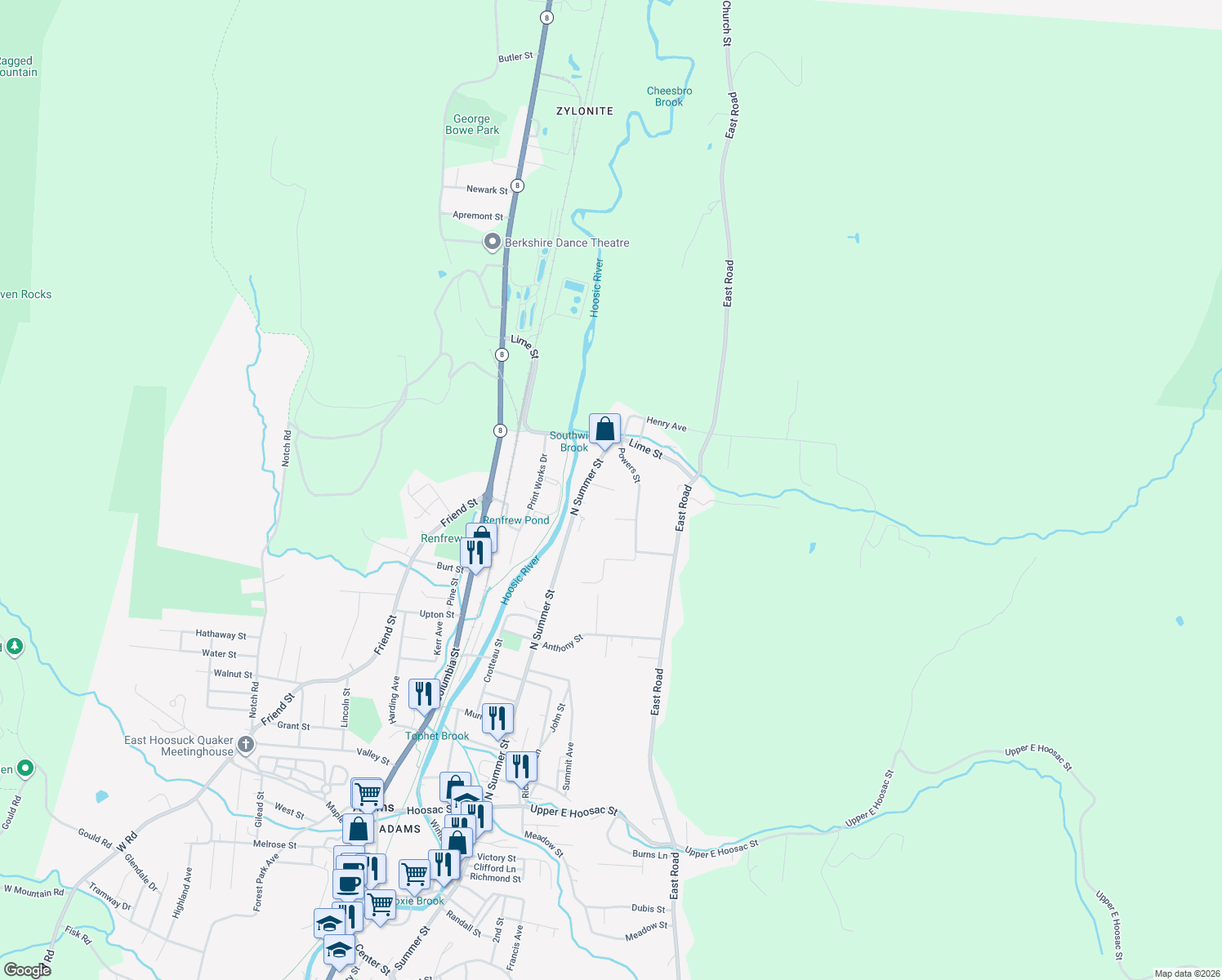 map of restaurants, bars, coffee shops, grocery stores, and more near 7 Frederick Lane in Adams