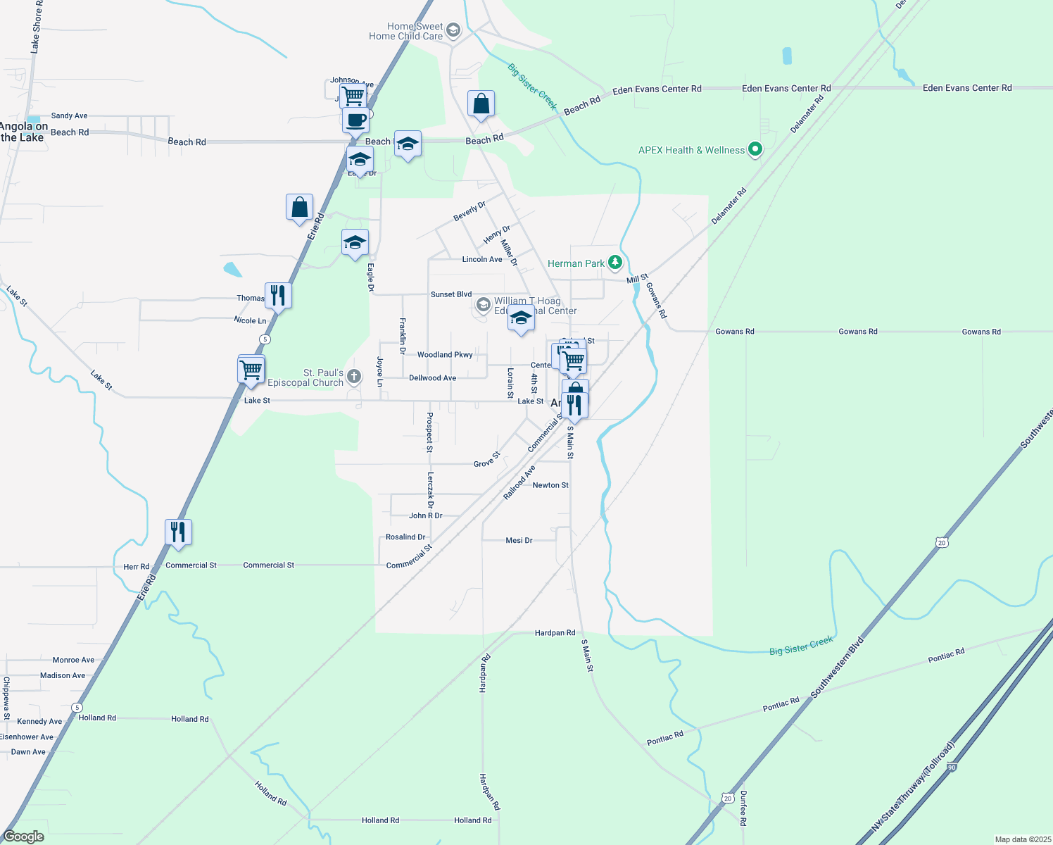 map of restaurants, bars, coffee shops, grocery stores, and more near 30 Washington Street in Angola