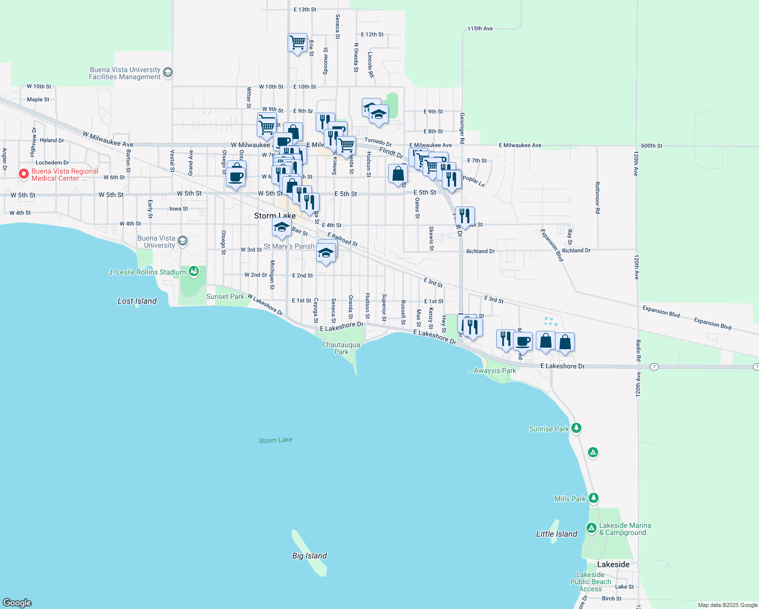 map of restaurants, bars, coffee shops, grocery stores, and more near 130 Superior St in Storm Lake