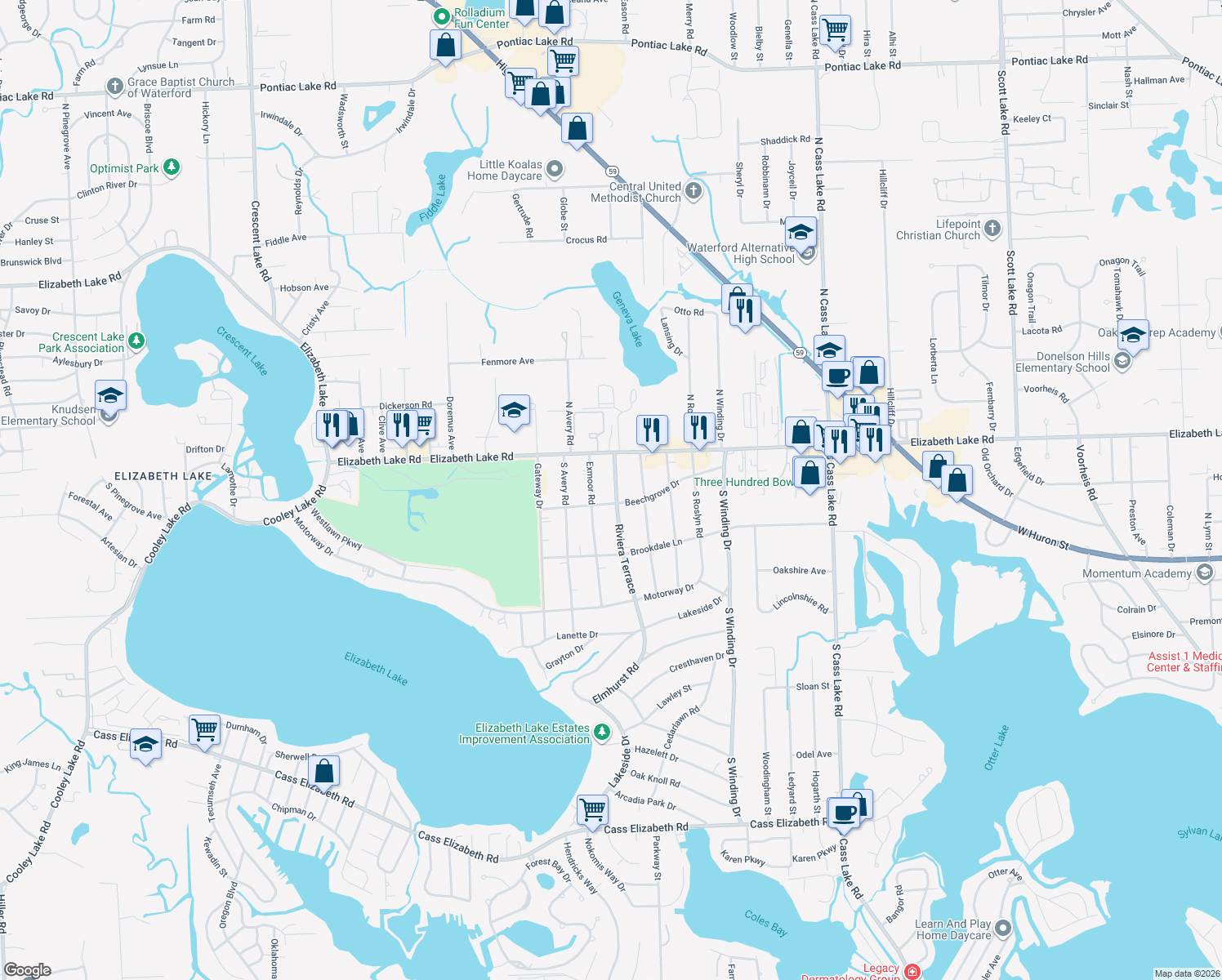 map of restaurants, bars, coffee shops, grocery stores, and more near 82 Riviera Terrace in Waterford Township