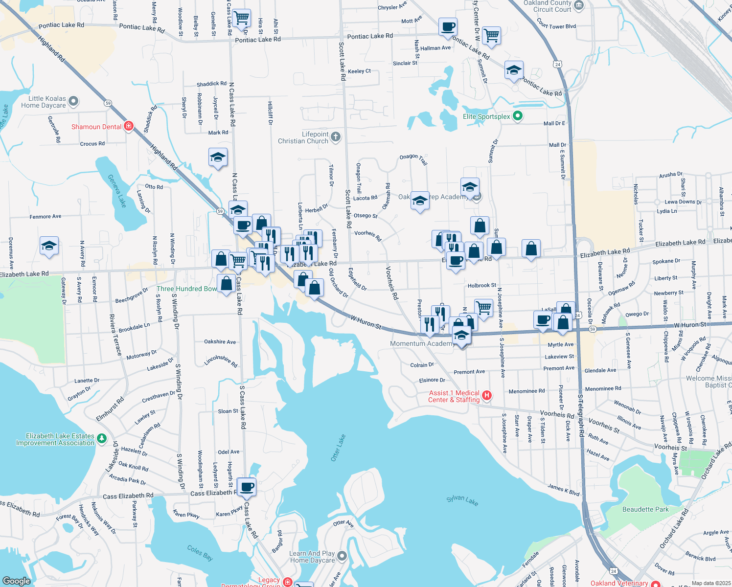 map of restaurants, bars, coffee shops, grocery stores, and more near 2973 Edgefield Drive in Waterford Township