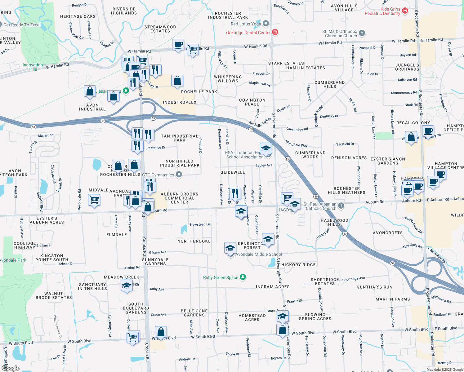 map of restaurants, bars, coffee shops, grocery stores, and more near 2901 Hartline Drive in Rochester Hills