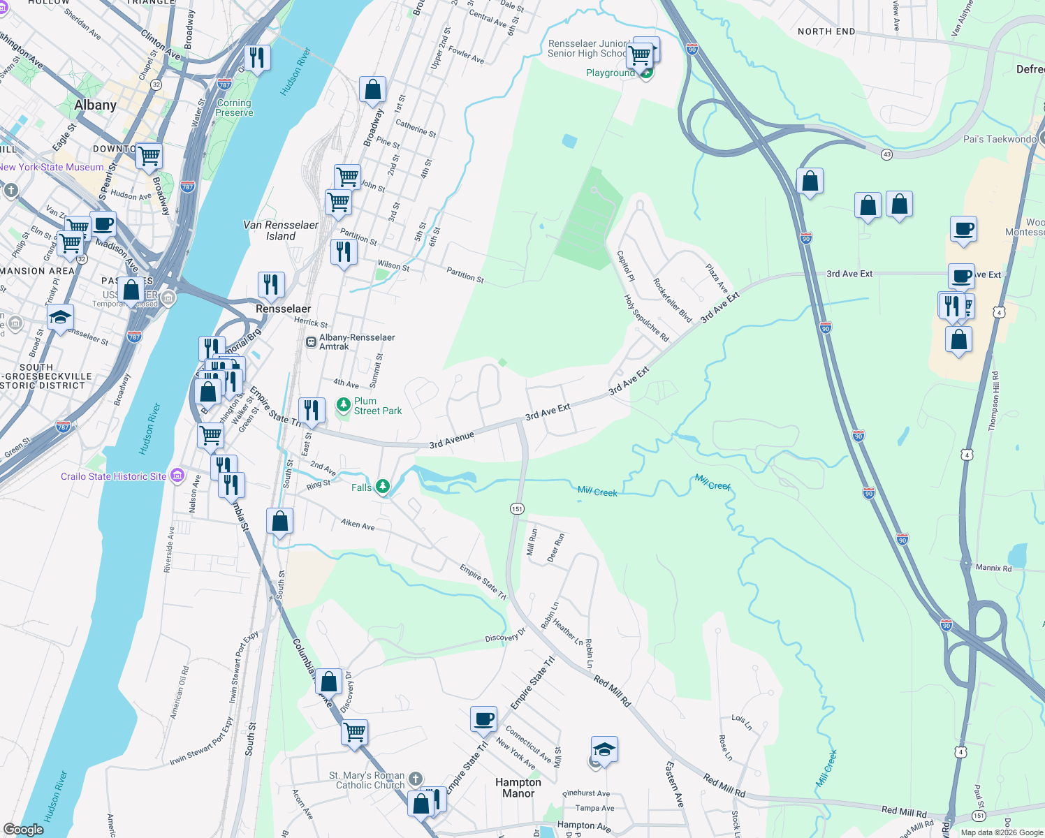 map of restaurants, bars, coffee shops, grocery stores, and more near 268 3rd Avenue Extension in Rensselaer