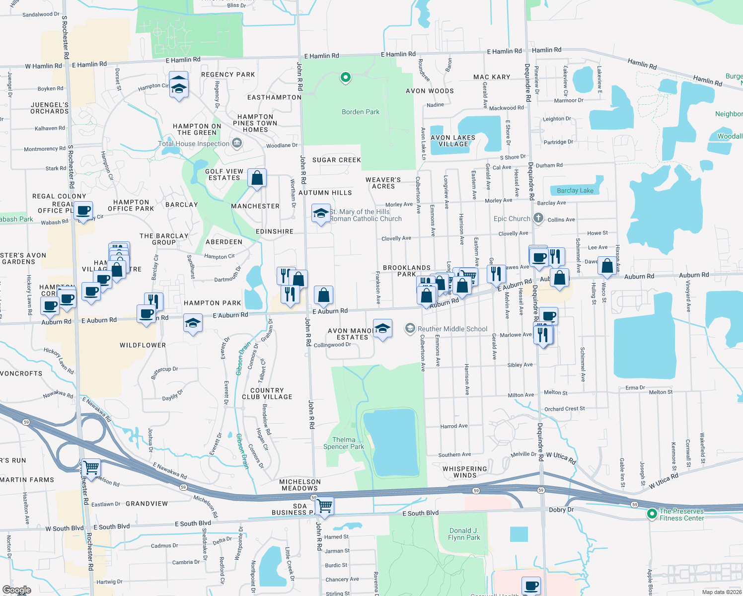 map of restaurants, bars, coffee shops, grocery stores, and more near 2924 Frankson Avenue in Rochester Hills