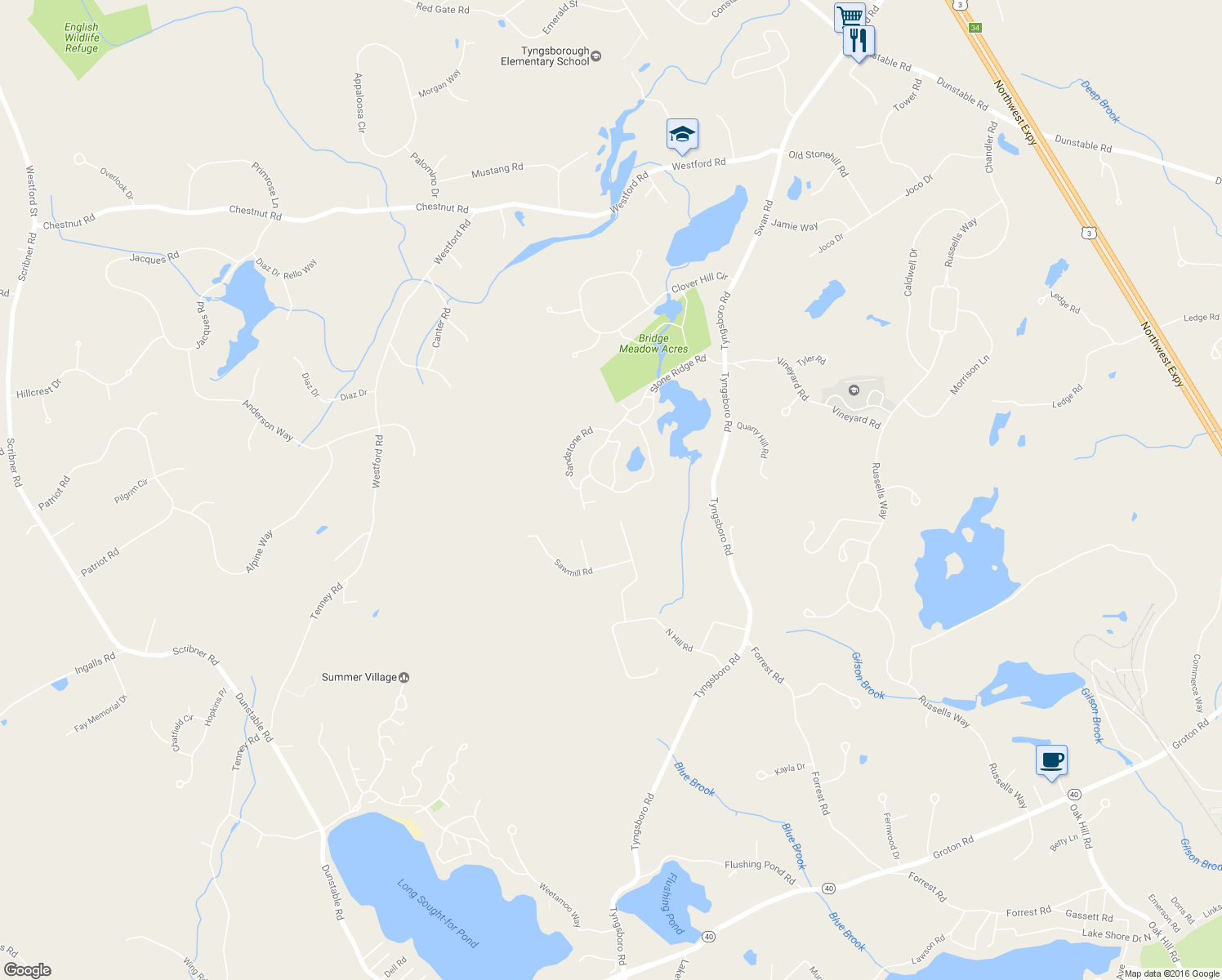 map of restaurants, bars, coffee shops, grocery stores, and more near 14 Stone Ridge Road in Westford