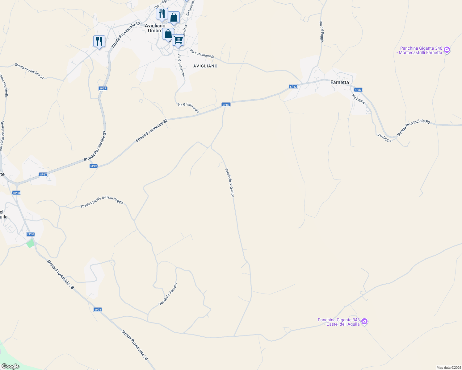 map of restaurants, bars, coffee shops, grocery stores, and more near 42 Vocabolo San Quirico in Provincia di Terni