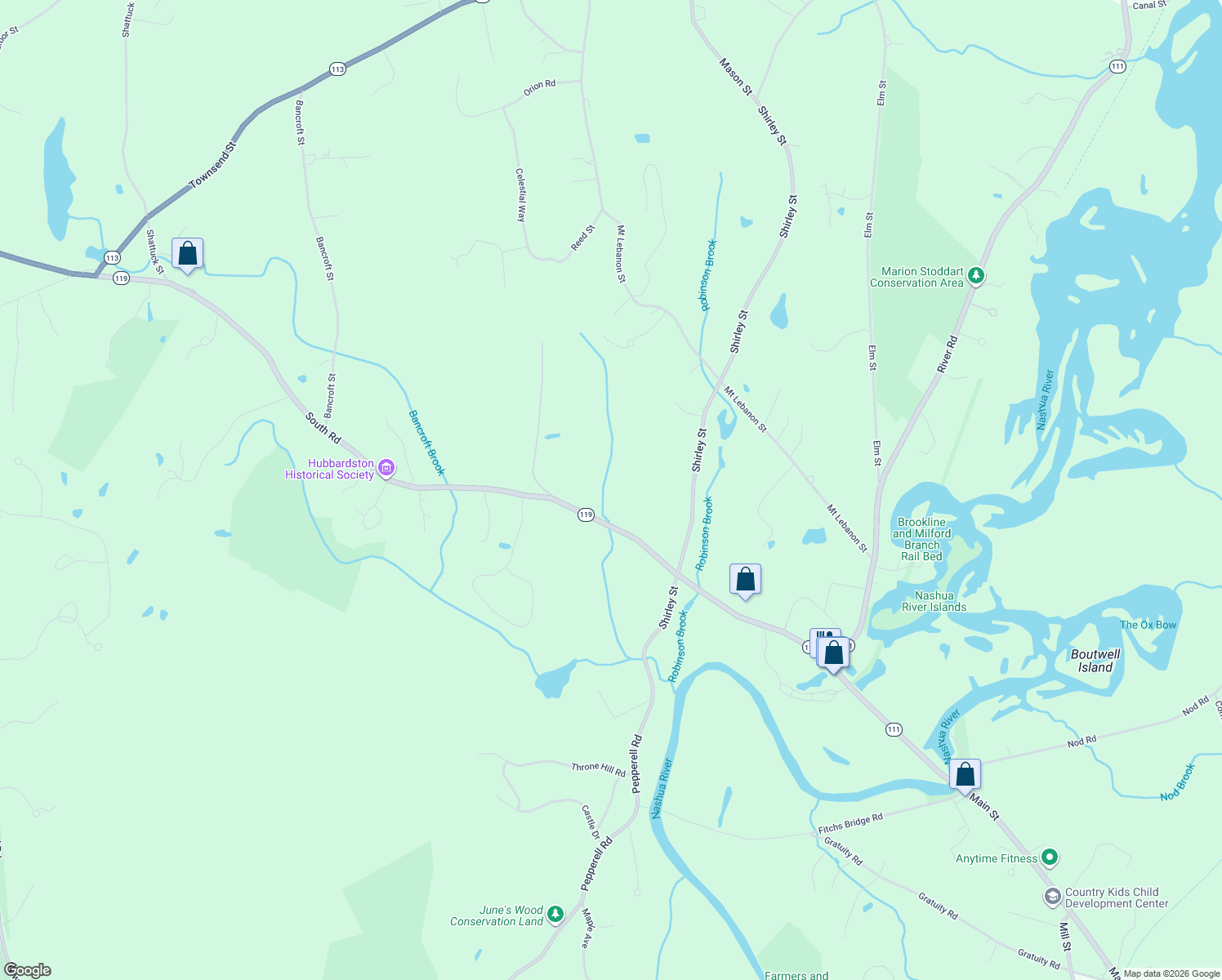 map of restaurants, bars, coffee shops, grocery stores, and more near 75 S Rd in Pepperell