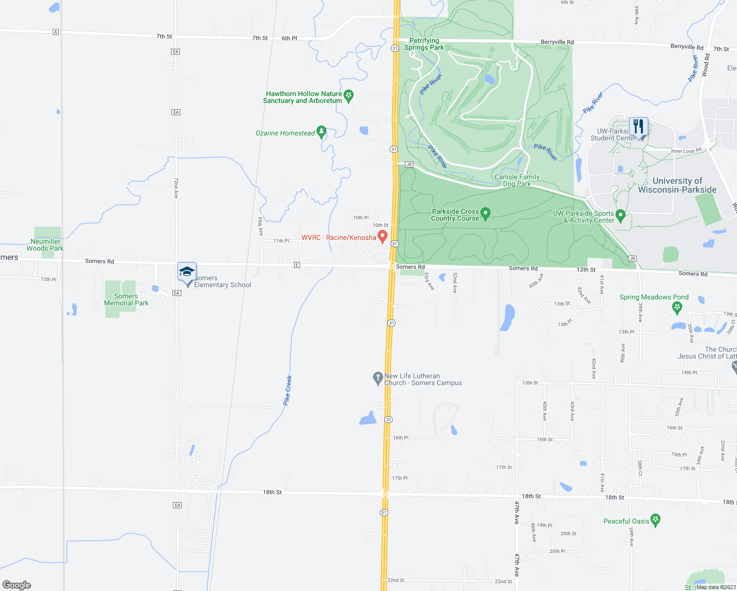 map of restaurants, bars, coffee shops, grocery stores, and more near 1250 Green Bay Road in Kenosha