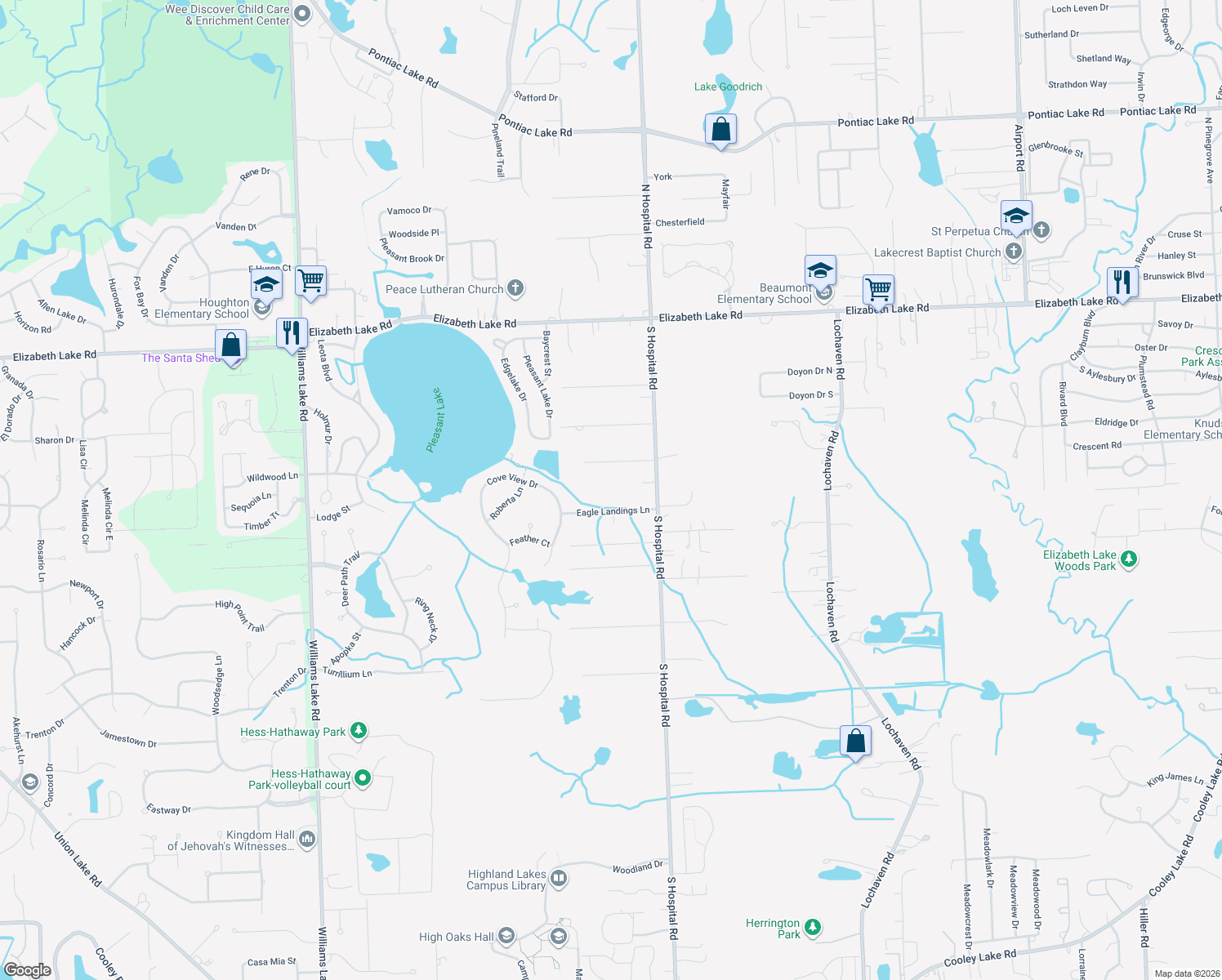 map of restaurants, bars, coffee shops, grocery stores, and more near 330 South Hospital Road in Waterford Township