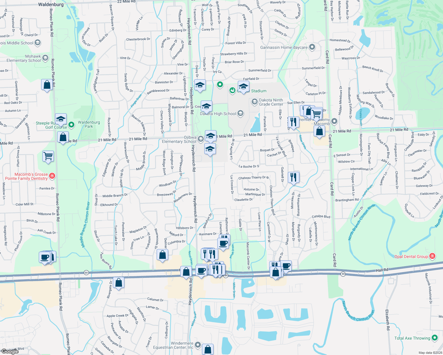 map of restaurants, bars, coffee shops, grocery stores, and more near 46448 Leanna Dr in Macomb