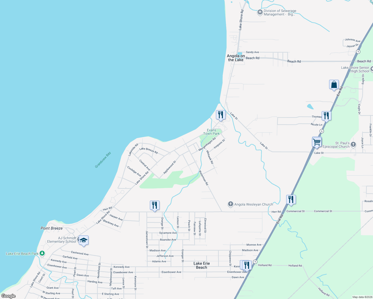 map of restaurants, bars, coffee shops, grocery stores, and more near 9128 Waterman Rd in Angola