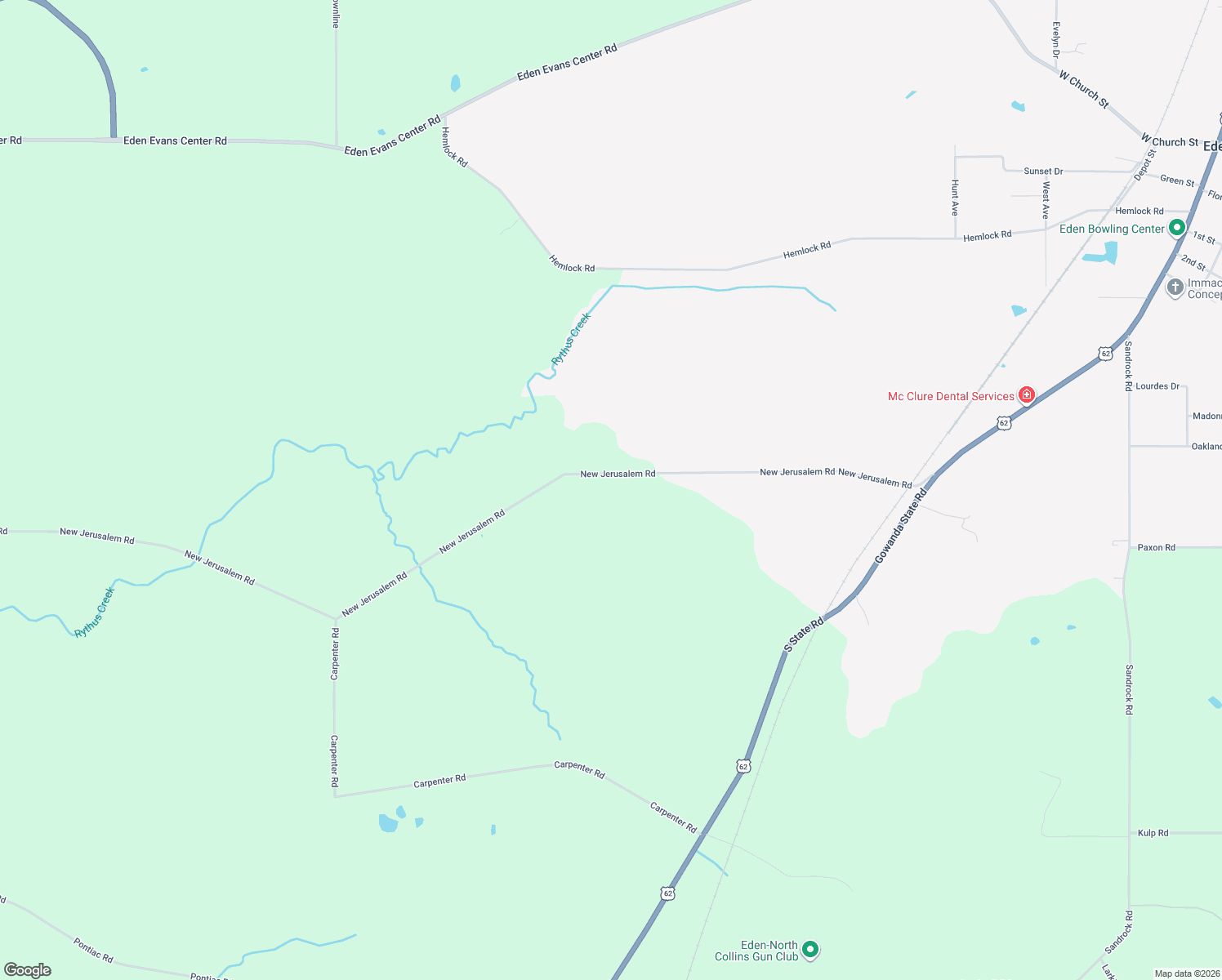 map of restaurants, bars, coffee shops, grocery stores, and more near 2233 New Jerusalem Road in Eden