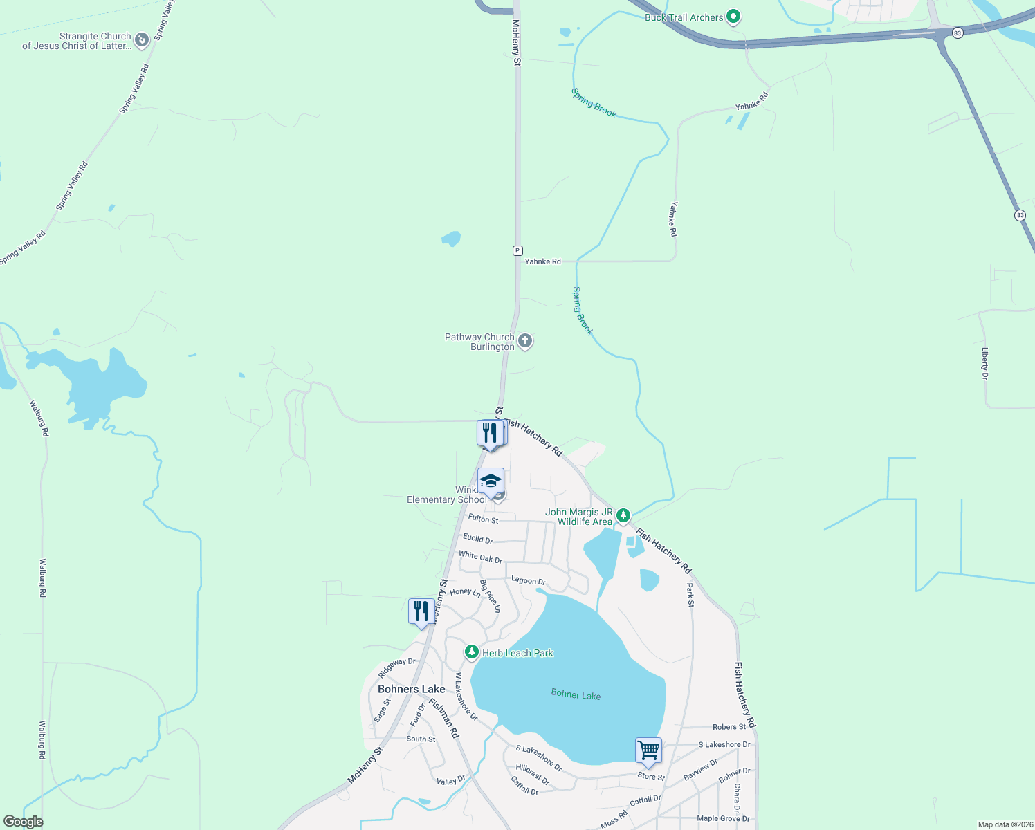 map of restaurants, bars, coffee shops, grocery stores, and more near 7135 McHenry Street in Burlington