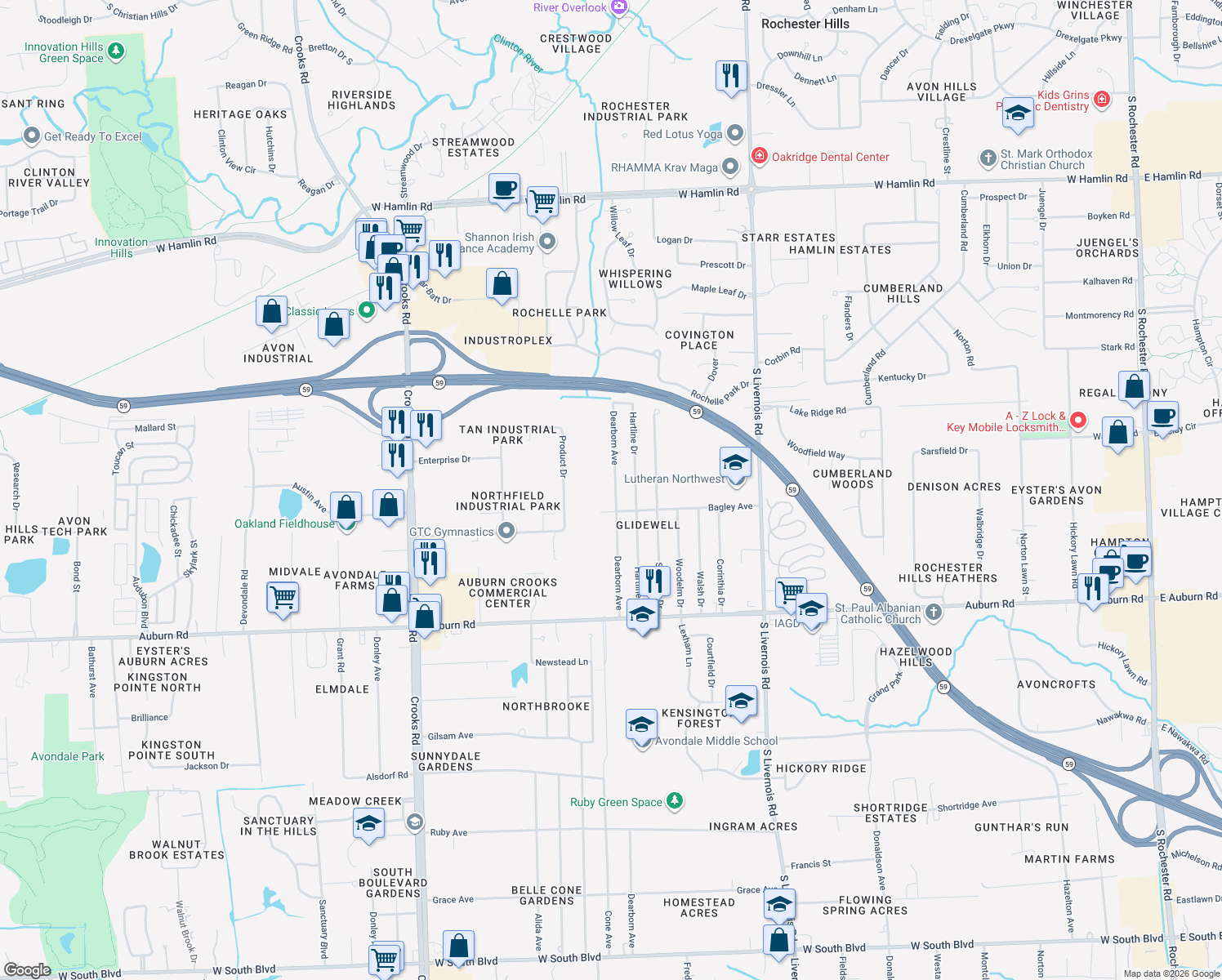 map of restaurants, bars, coffee shops, grocery stores, and more near 2736 Dearborn Avenue in Rochester Hills