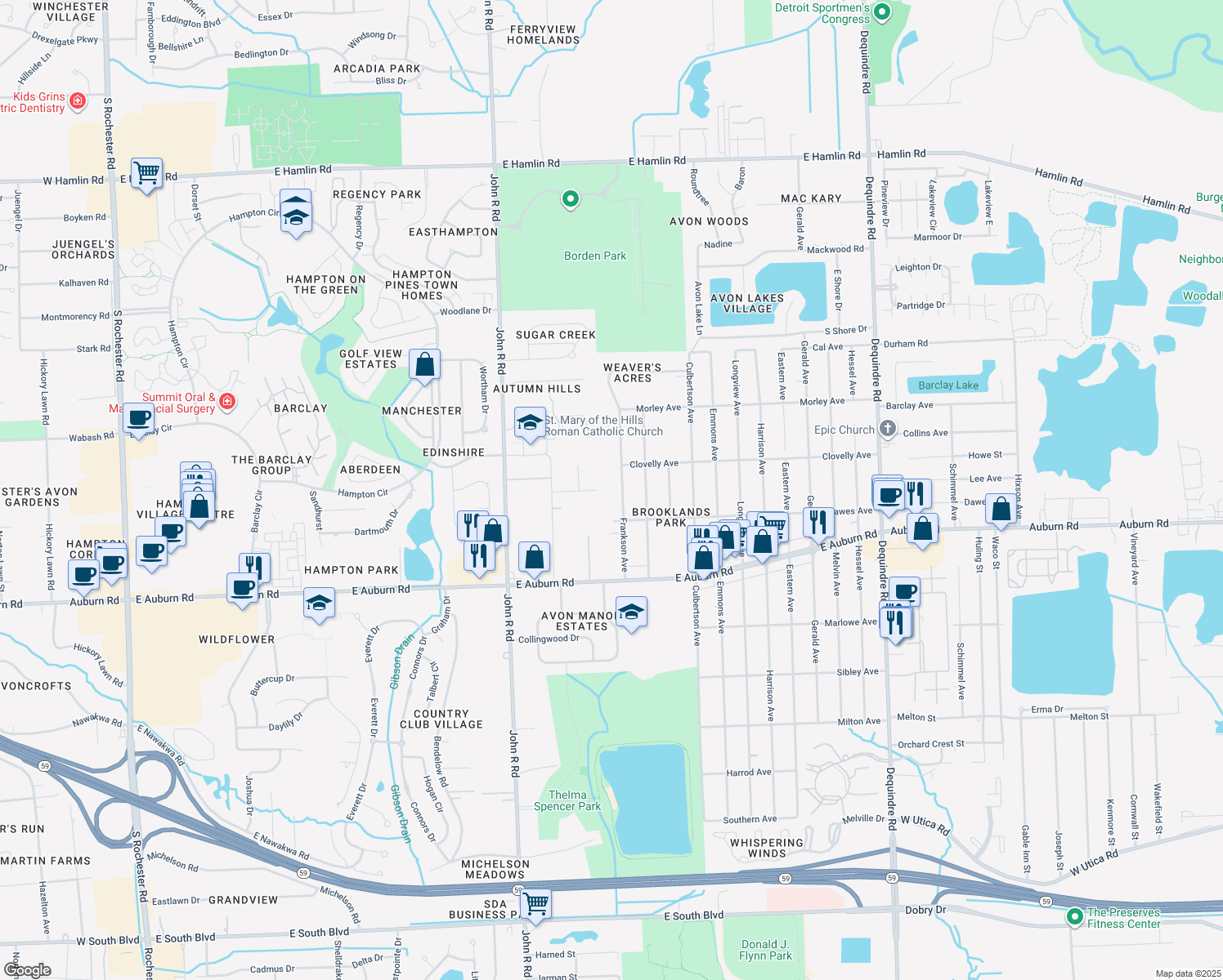 map of restaurants, bars, coffee shops, grocery stores, and more near 2722 Frankson Avenue in Rochester Hills