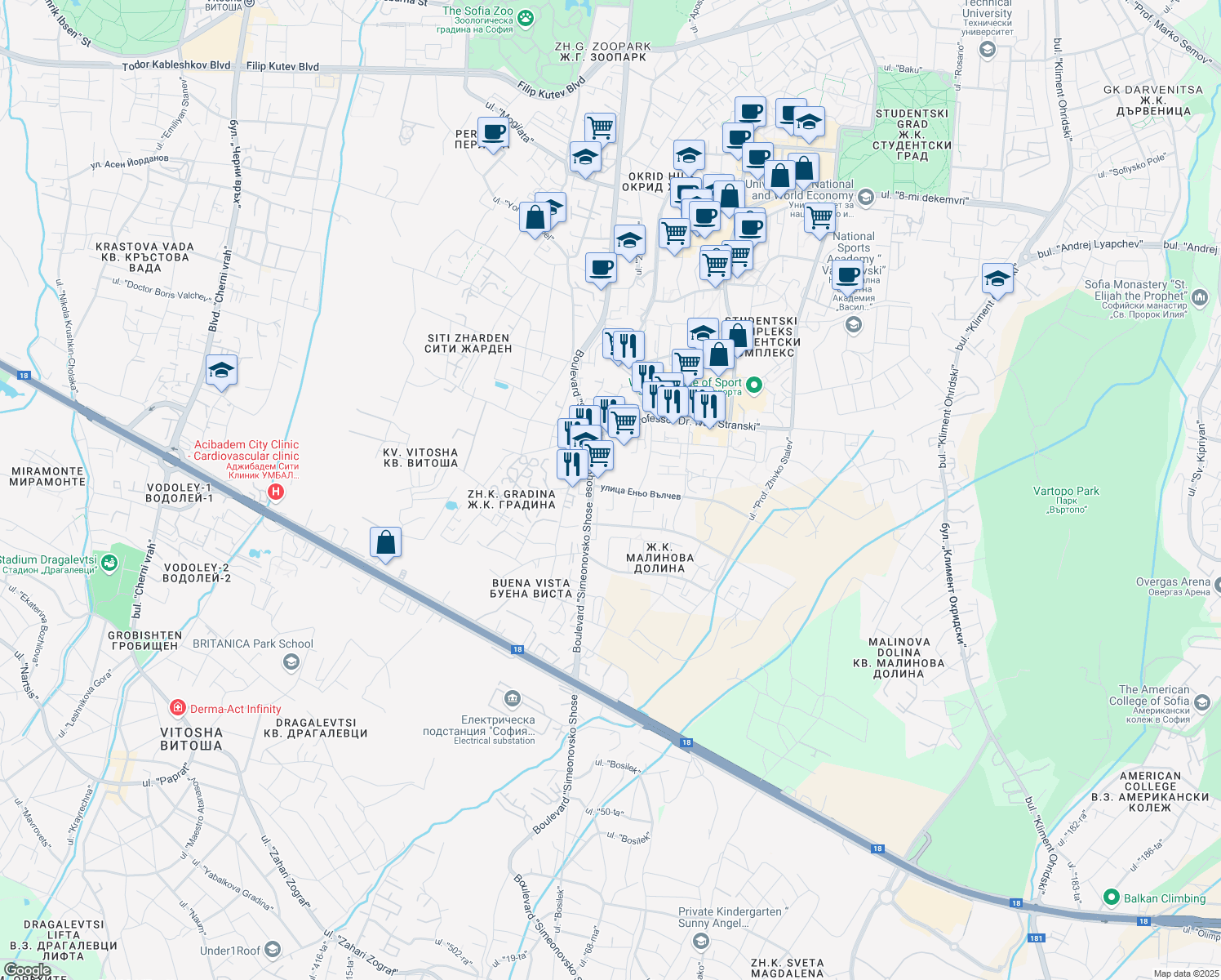 map of restaurants, bars, coffee shops, grocery stores, and more near 110Б bulevard "Simeonovsko Shose" in Sofia
